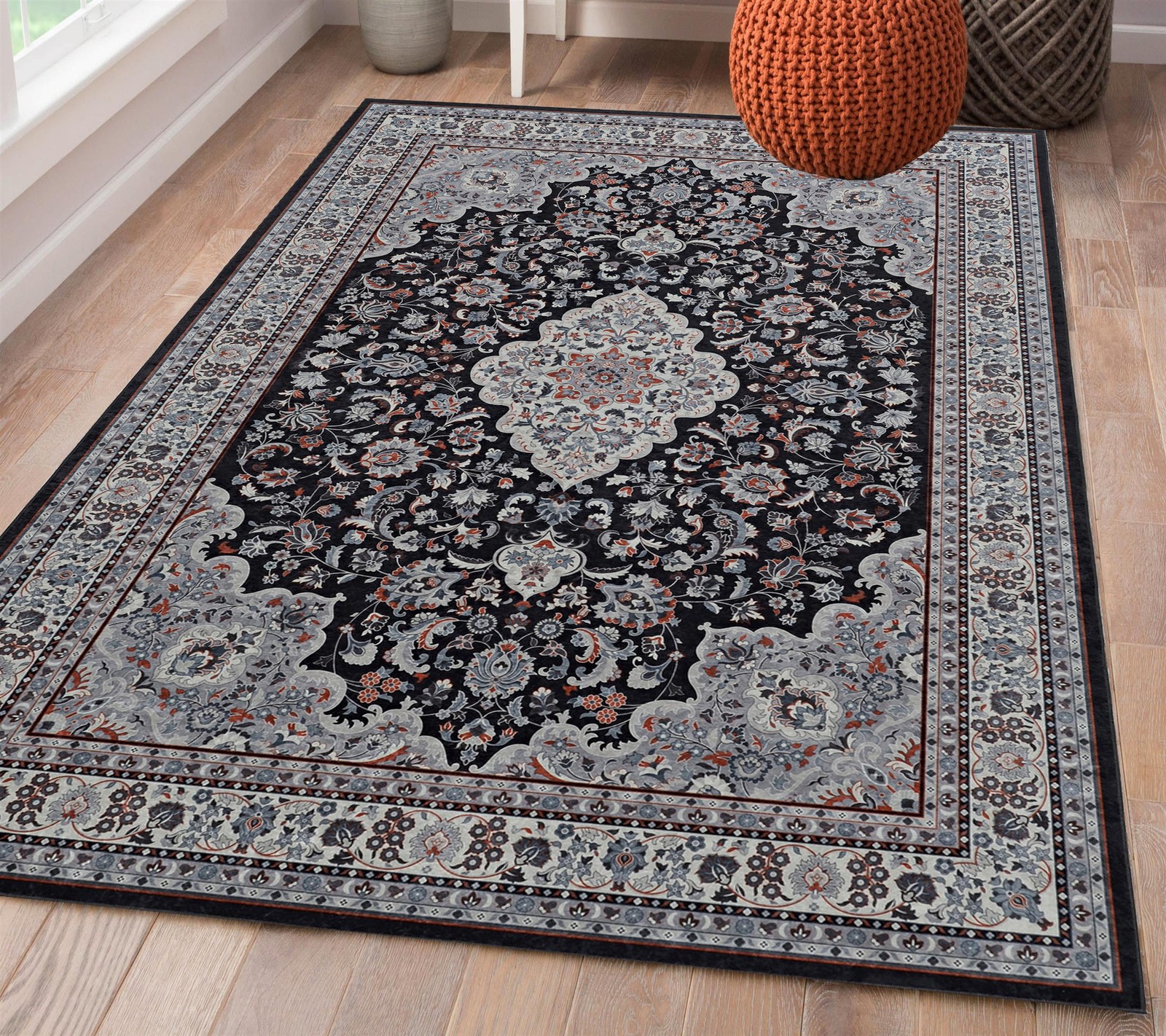 Linon Emerald Barton Woven Microfiber Polyester 5’x 7′ Rug in Black