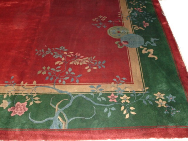 Antique Art Deco Chinese Oriental Rug 8’9″ X 11’4″ #6685 Red and Green