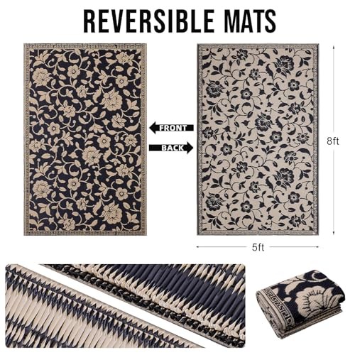 Waterproof Outdoor Rug 5×8 ft, Luxury Black Beige Floral Boho Area Rugs Mat