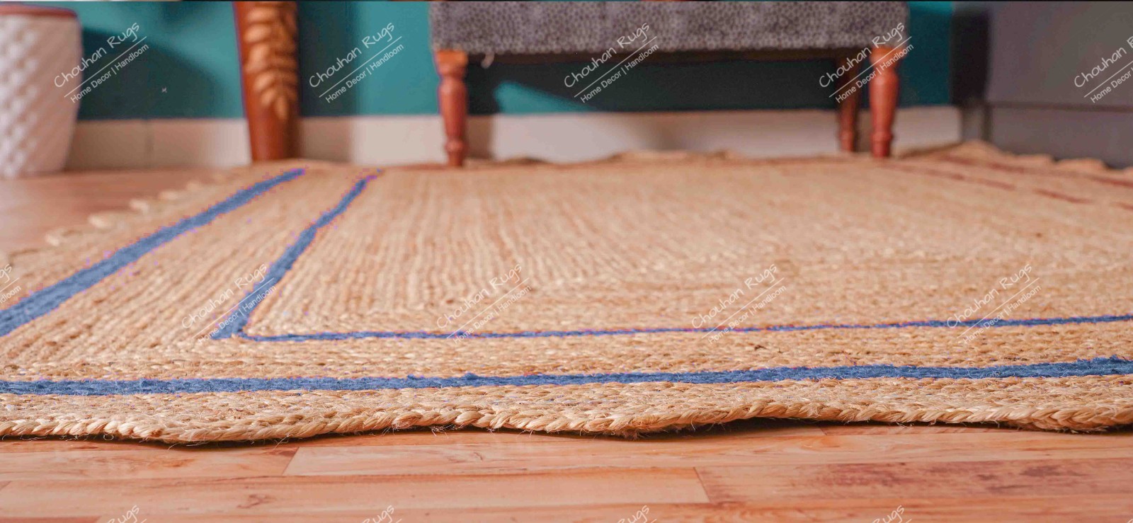 Custom size 2×10 Ft hand Braided Natural Jute Rug With Light Blue Border Rugs