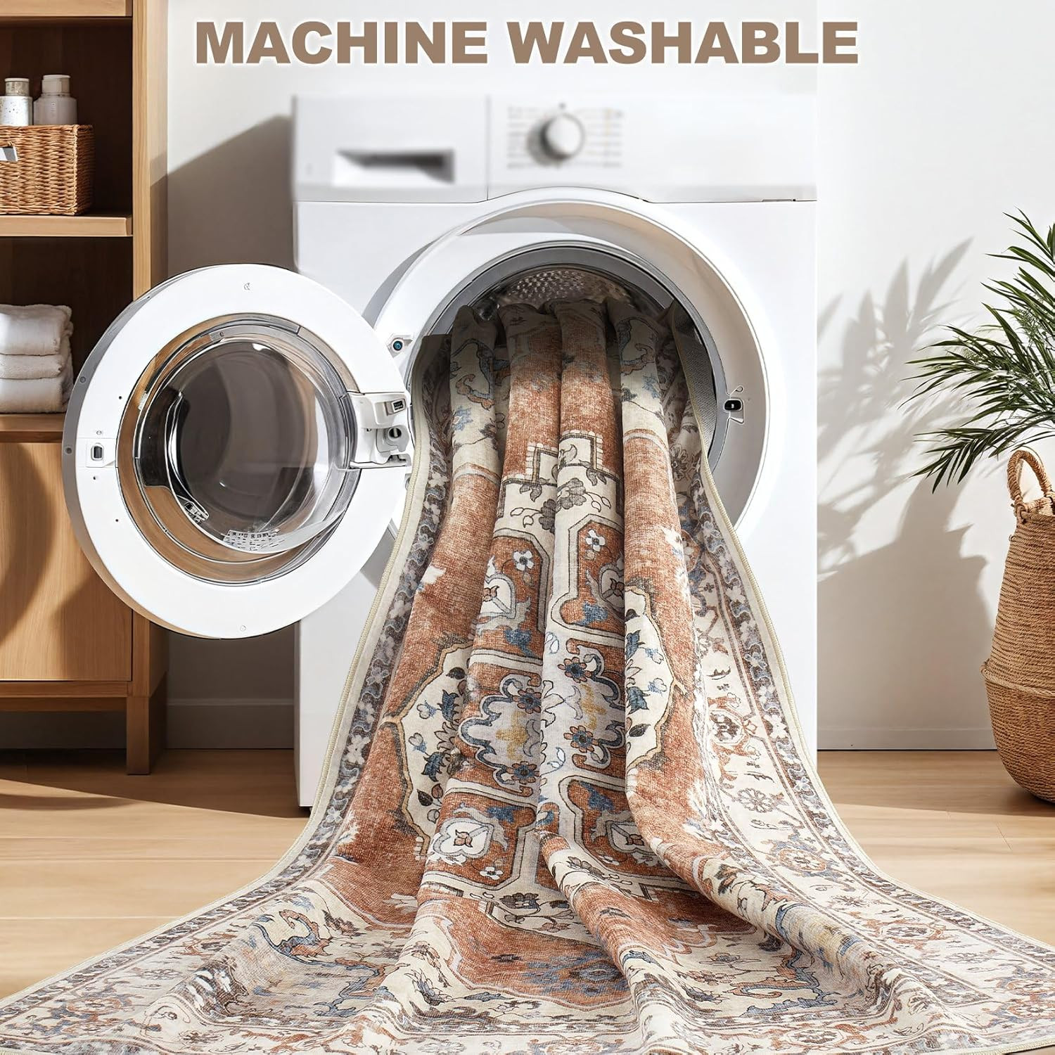 9X12 Washable Area Rug: Vintage Neutral Soft Non Slip Thin Large Floor Carpet fo