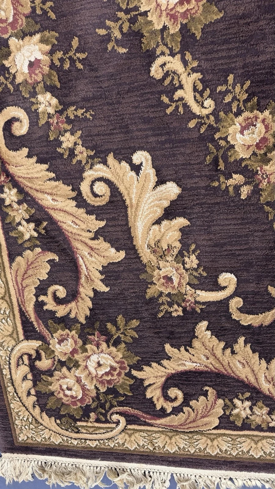 Aubusson Vintage French Empire Style Rug 8 x 11 ft Chocolate Brown & Cream