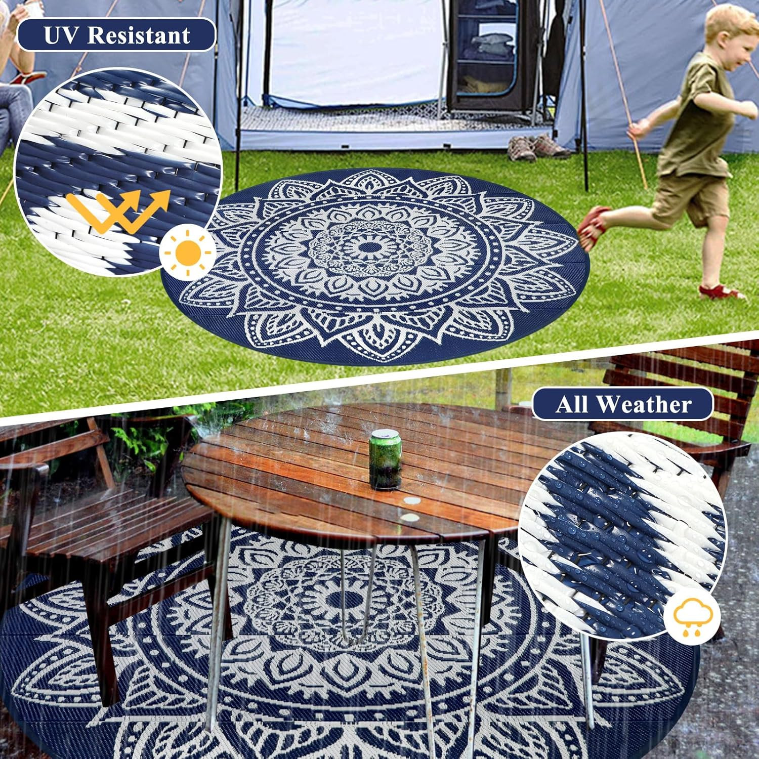 6 Ft Round Boho Outdoor Plastic Straw Rug, Waterproof, Portable, Reversible, UV-