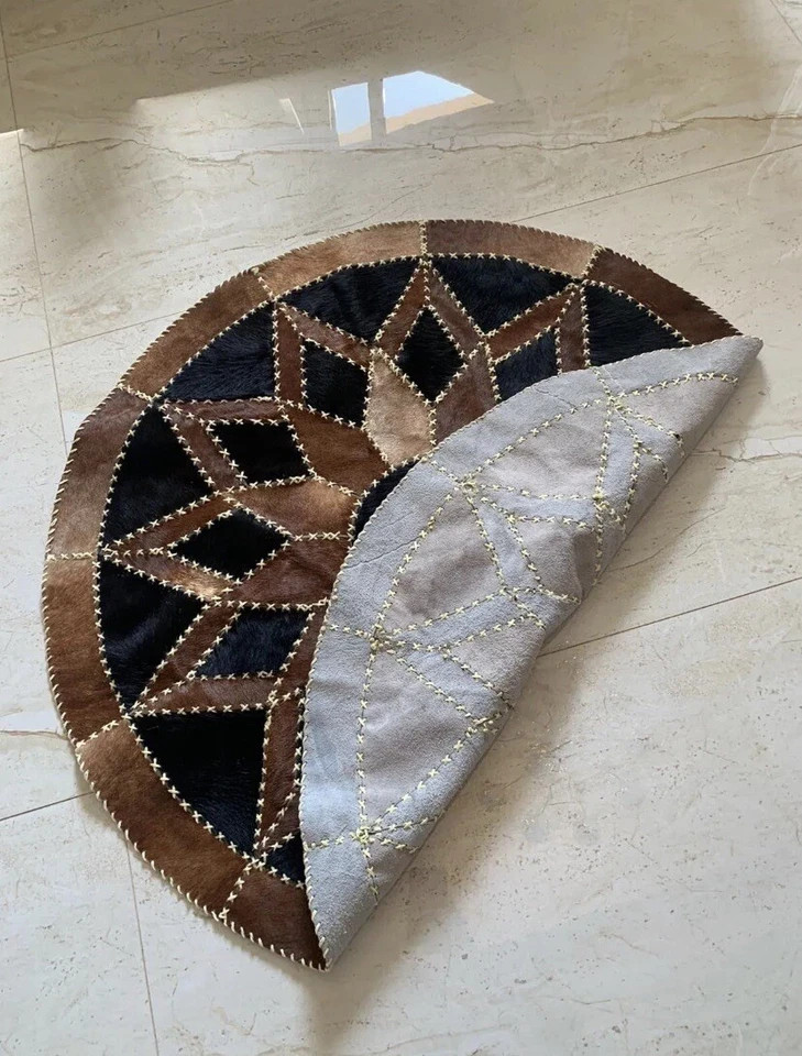 Handmade Genuine Cowhide Leather Round Rug Patchwork Area Carpet Custom Size