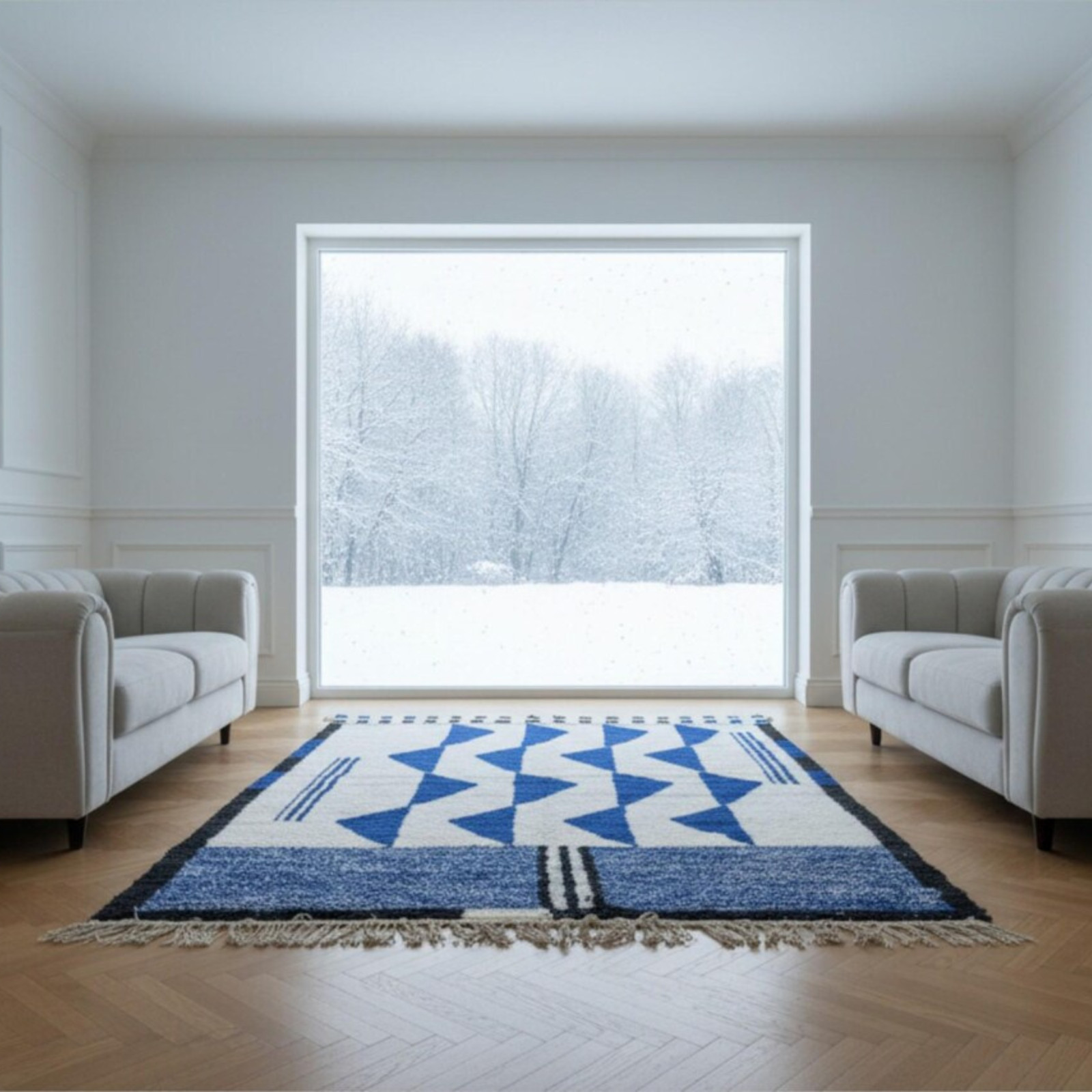 Handwoven Moroccan Style Wool Area Rug Blue White Modern Geometric Carpet
