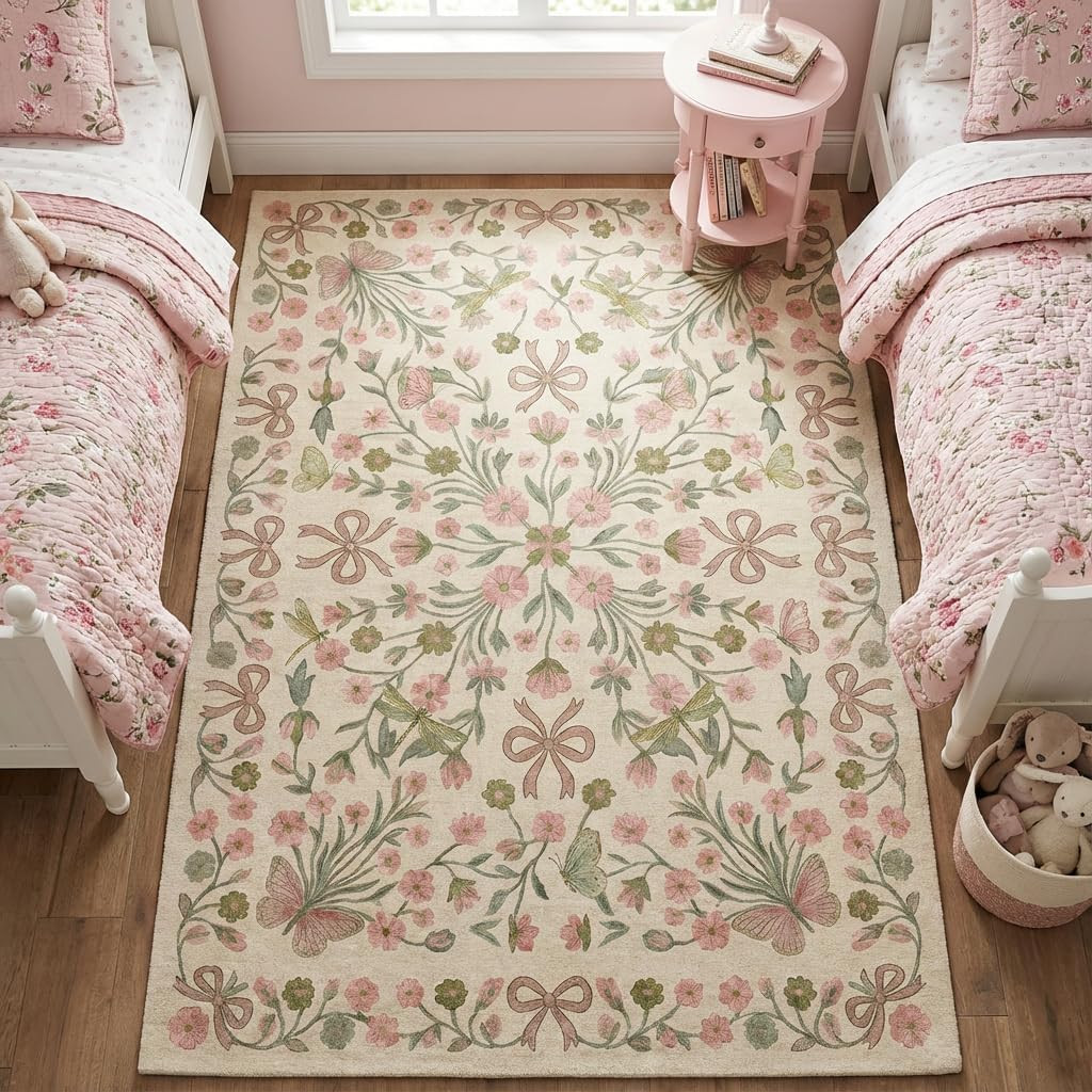 Boho Beige Butterfly Area Rug 5X7 – Non-Slip, Washable for Living Room & Bedroom