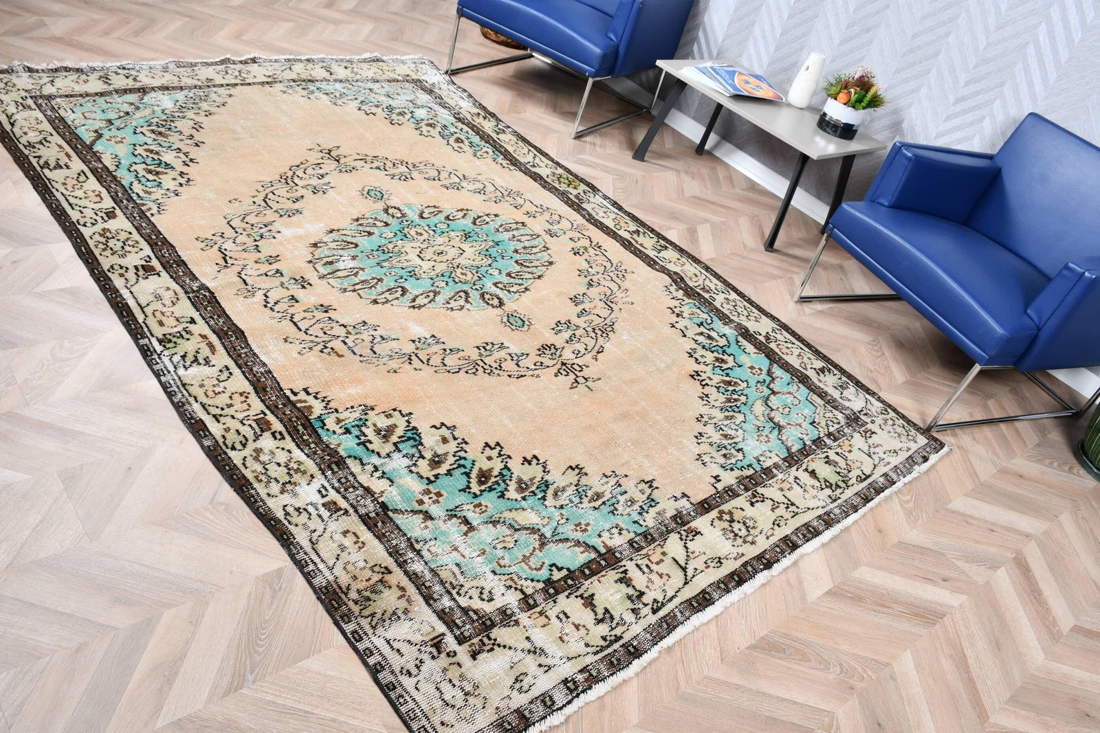 5,9×8,9 ft Vintage Rug, Turkish Large Rug, Blue Animal Print Wool Rug