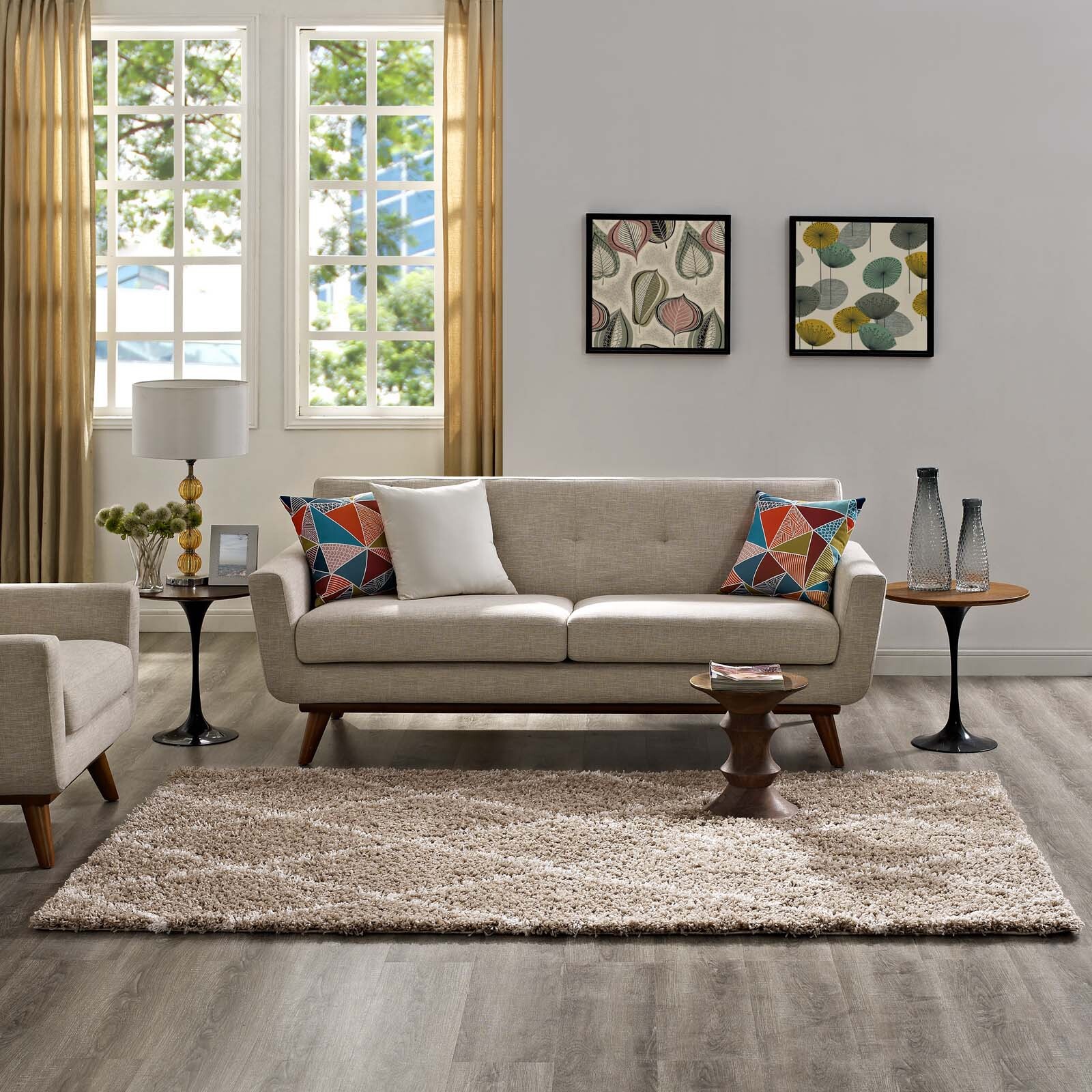 Modway Diamond Lattice Trellis High Pile Shag 5×8 Area Rug in Beige and Ivory