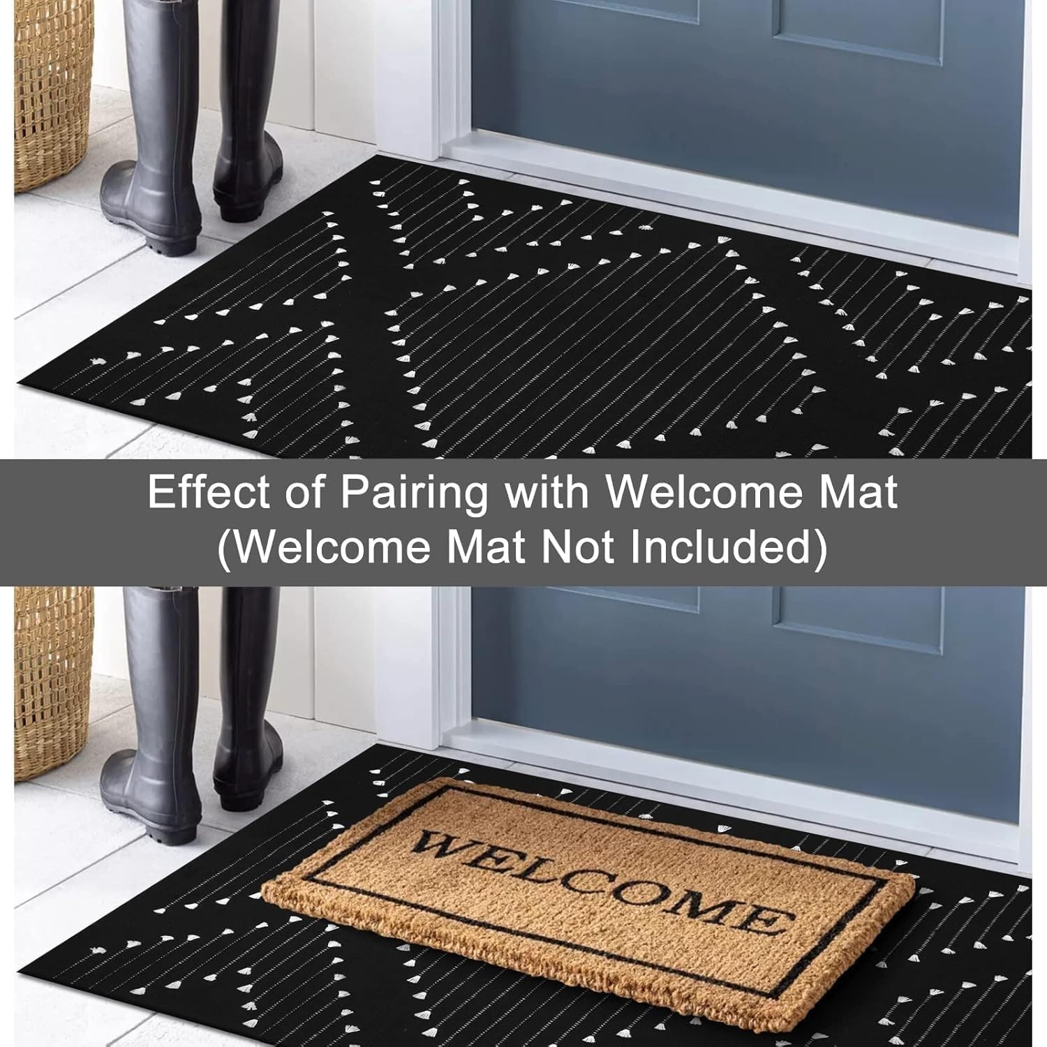 Black Moroccan Woven Outdoor Rug – Washable Bohemian Entryway Mat 2’3”x3’6”