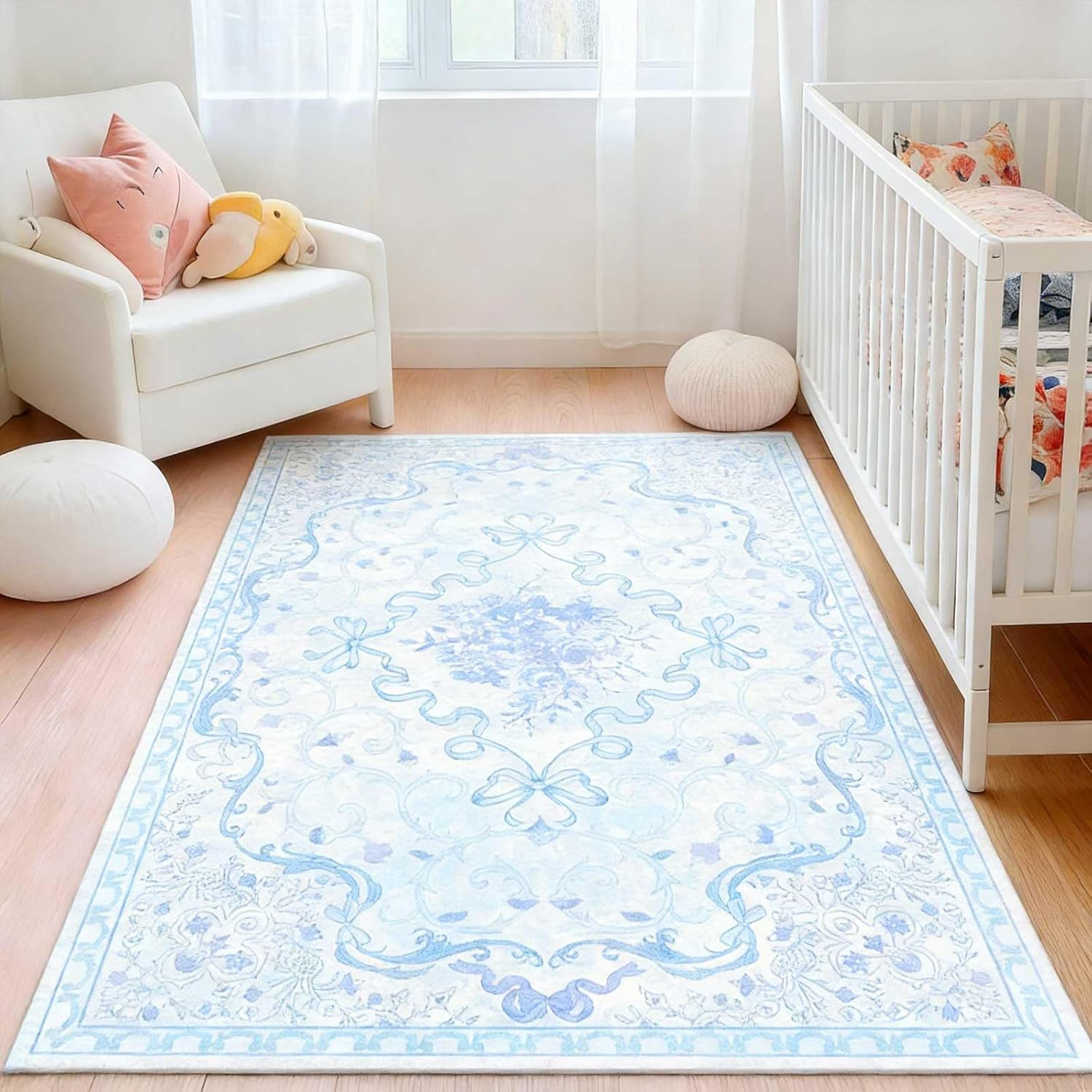 Pink Bow Rug for Bedroom Girls,5X7 Nursery Rugs for Living Room with Soft Low Pi