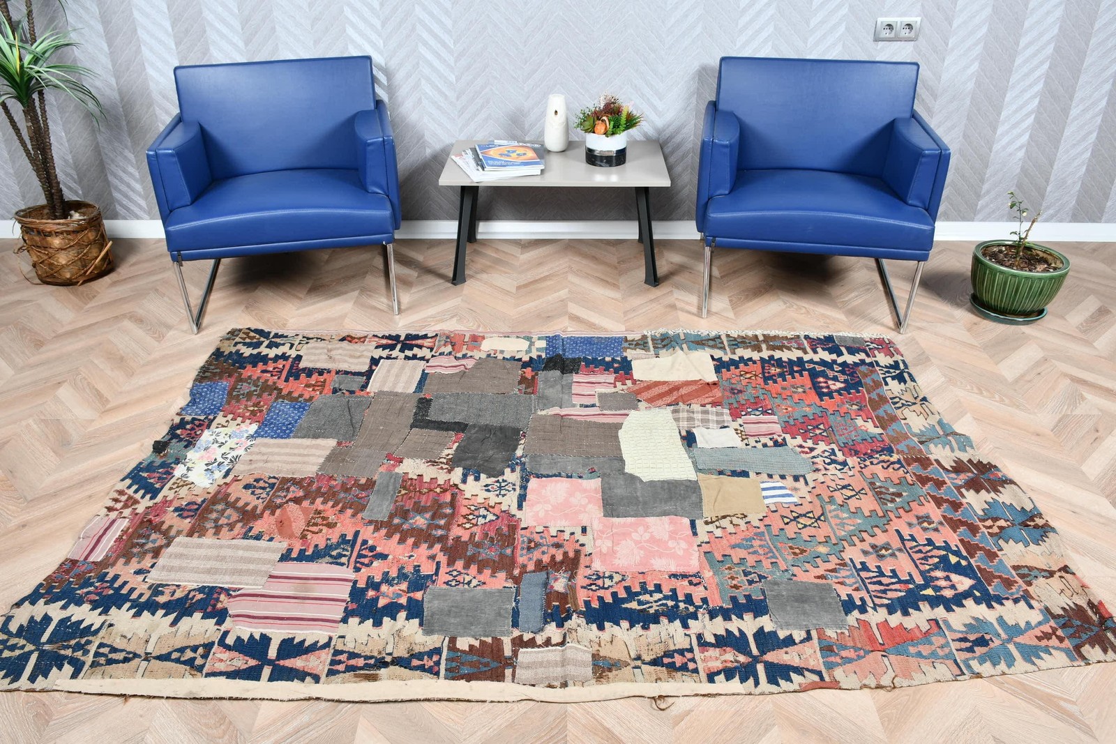 4,5×7,3 ft Rug, Turkish Vintage Rug, Blue Kilim Wool Rug