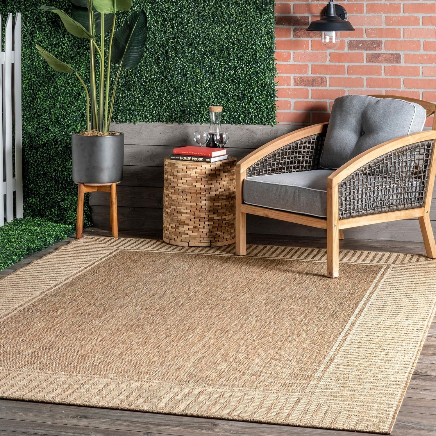 Asha Light Brown Bordered Indoor/Outdoor Rug – 5′ x 8′, Water & Stain Resistant