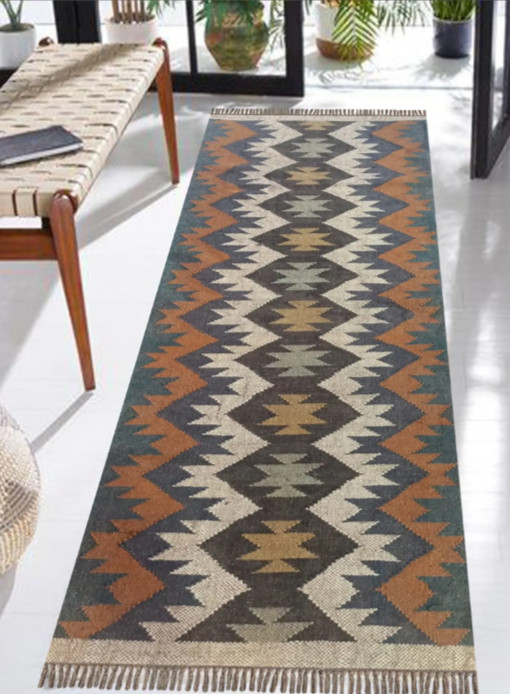 Rug Carpet Jute Wool Traditional Kilim Pattern Reversible Runner Ikat Area Rug