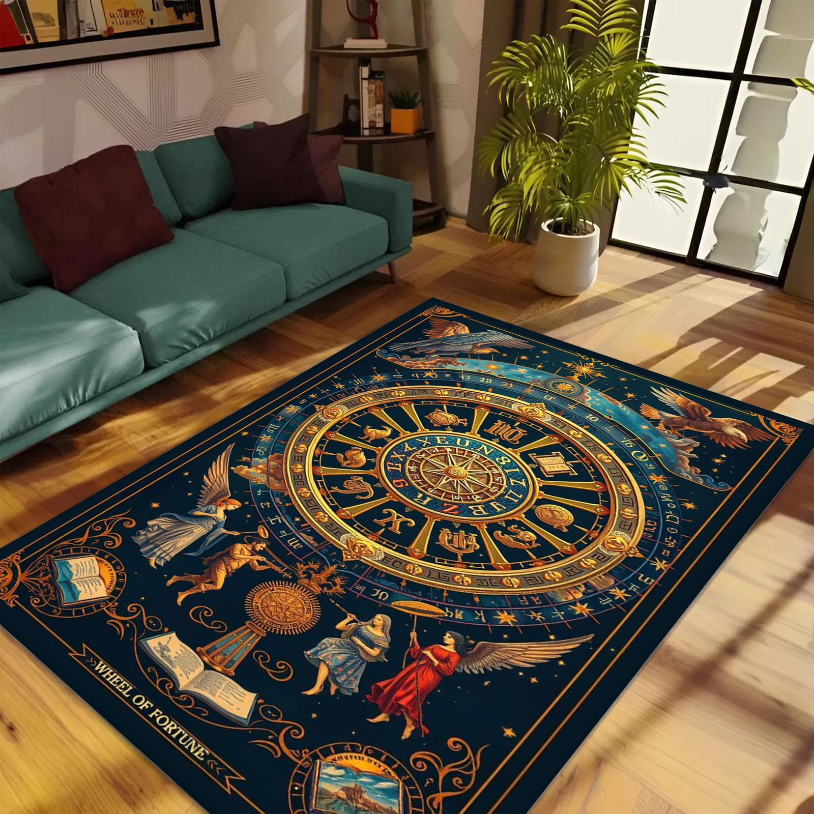 Rectangular Rug with Zodiac Wheel and Mythical Figures in Gold and Blue