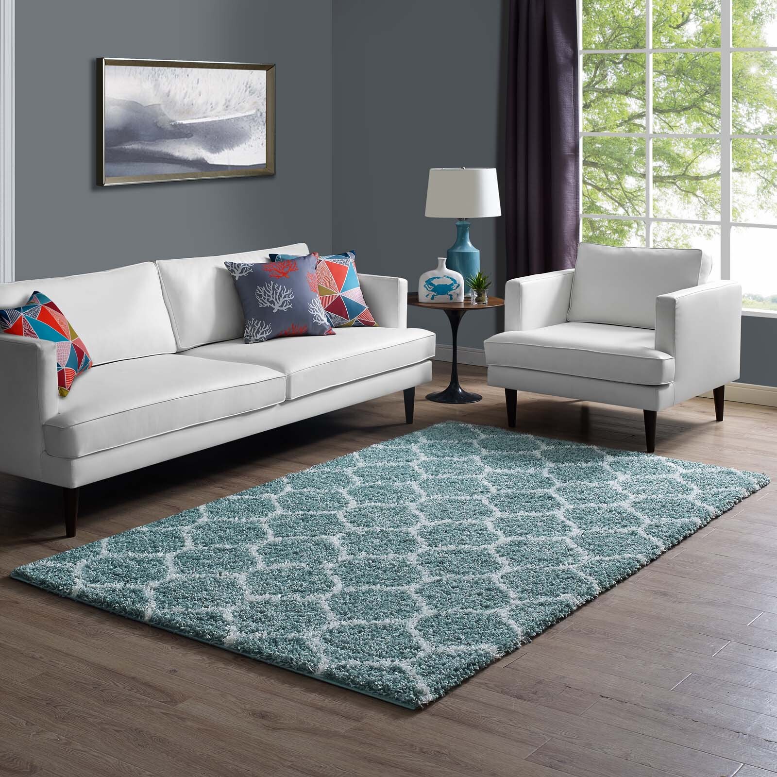 Modway Solvea Moroccan Trellis 5×8 Shag Area Rug in Aqua Blue and Ivory