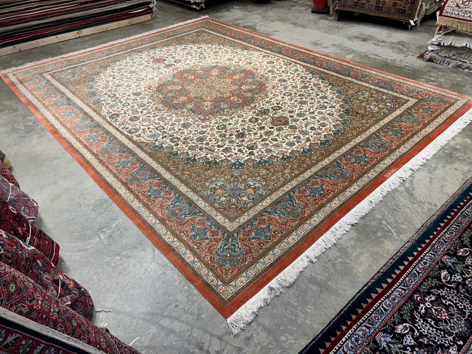 9’10″x13′ Exquisite Signed Hand-Knotted 100% Silk Qume Rug