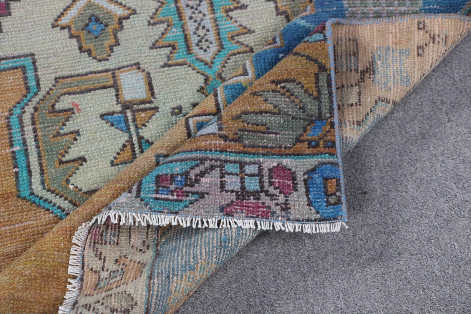 Vintage Rug, Area 3,6×7,9 ft Turkish Rug, Orange Blue Oriental Wool Rug