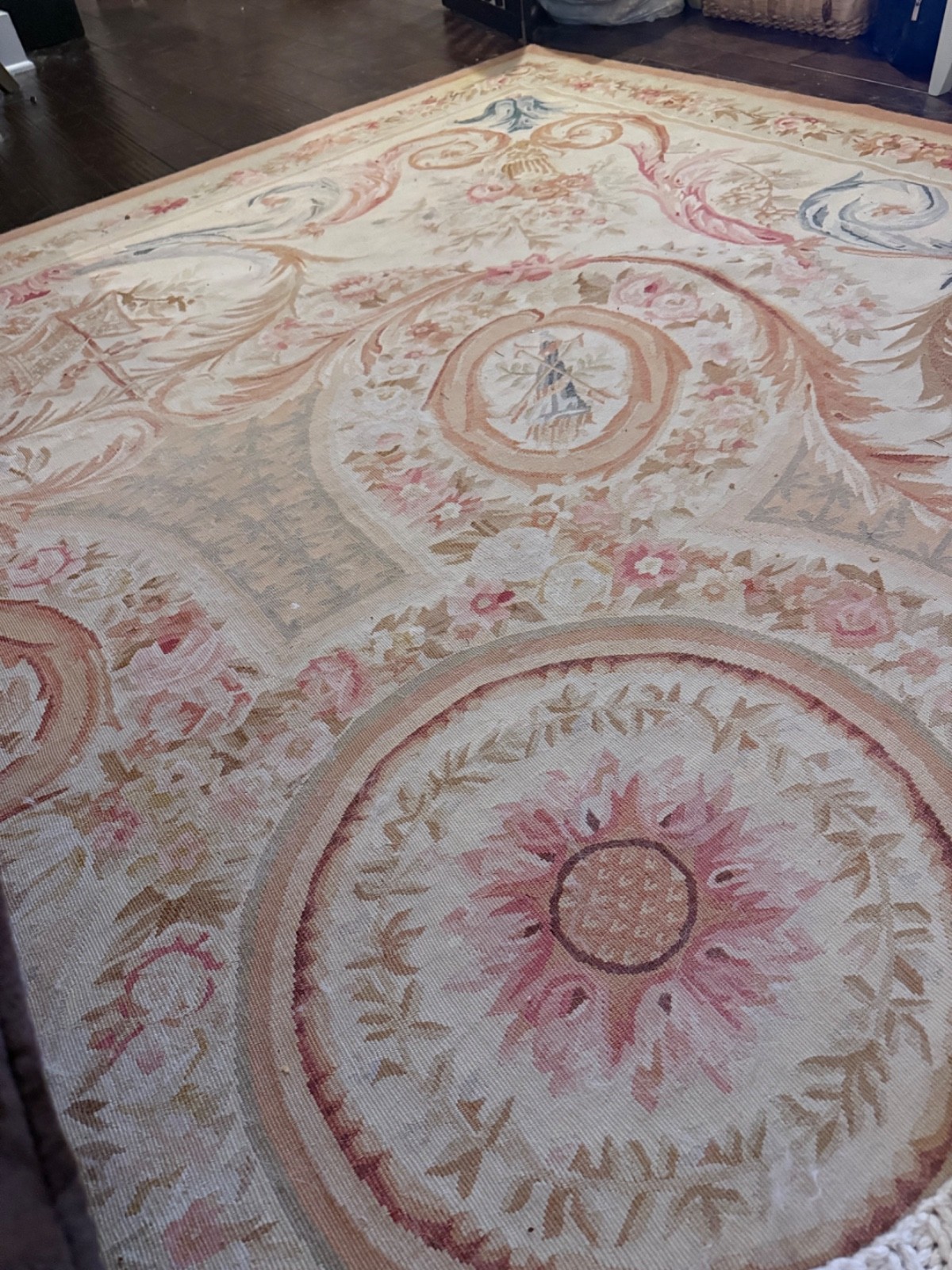 10×13 Rug and Kilim Aubusson style Rug. Beige with green, blue, and pink floral