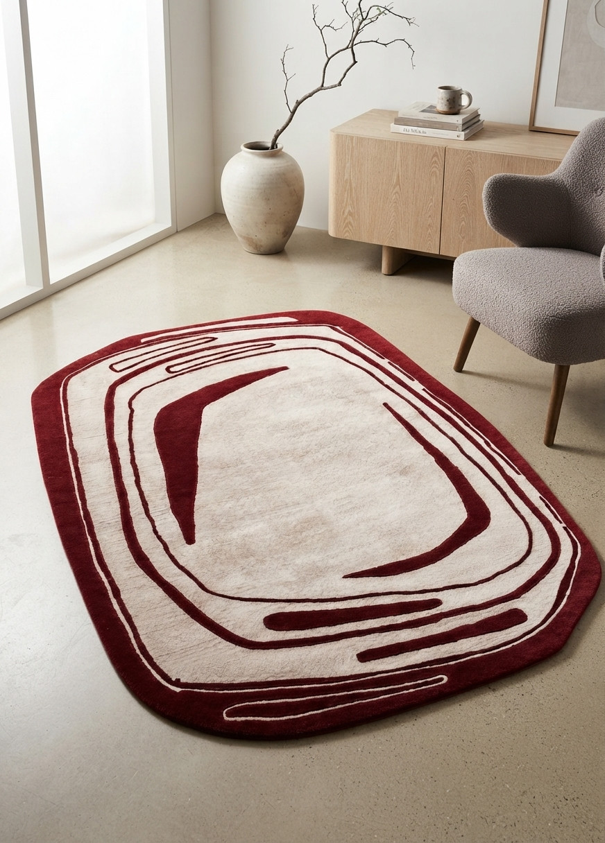 Abstract Modern Wool Rug Burgundy Ivory Hand Tufted Area Rug Scandinavian Carpet