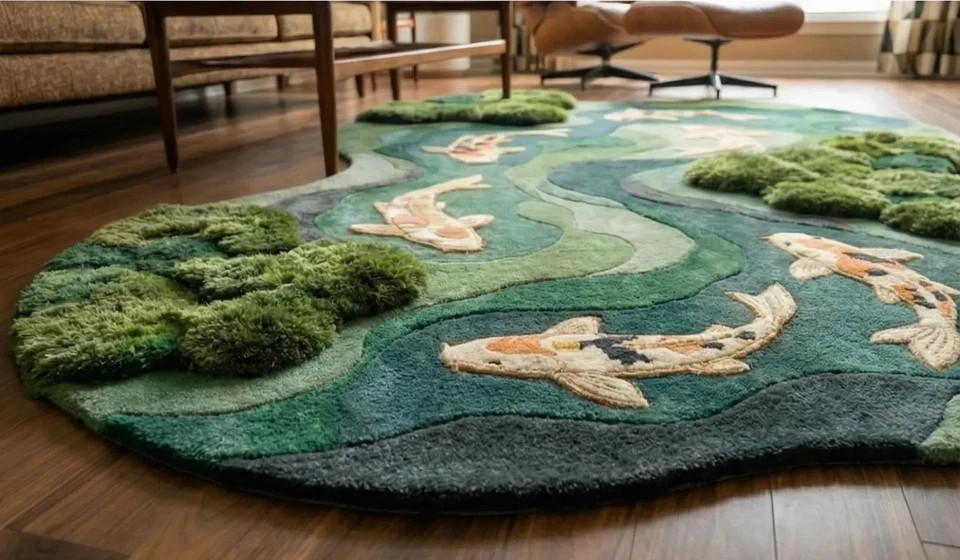 Hand Tufted Koi Fish Pond Rug, Irregular Moss Green Area Rug, Nature Inspired