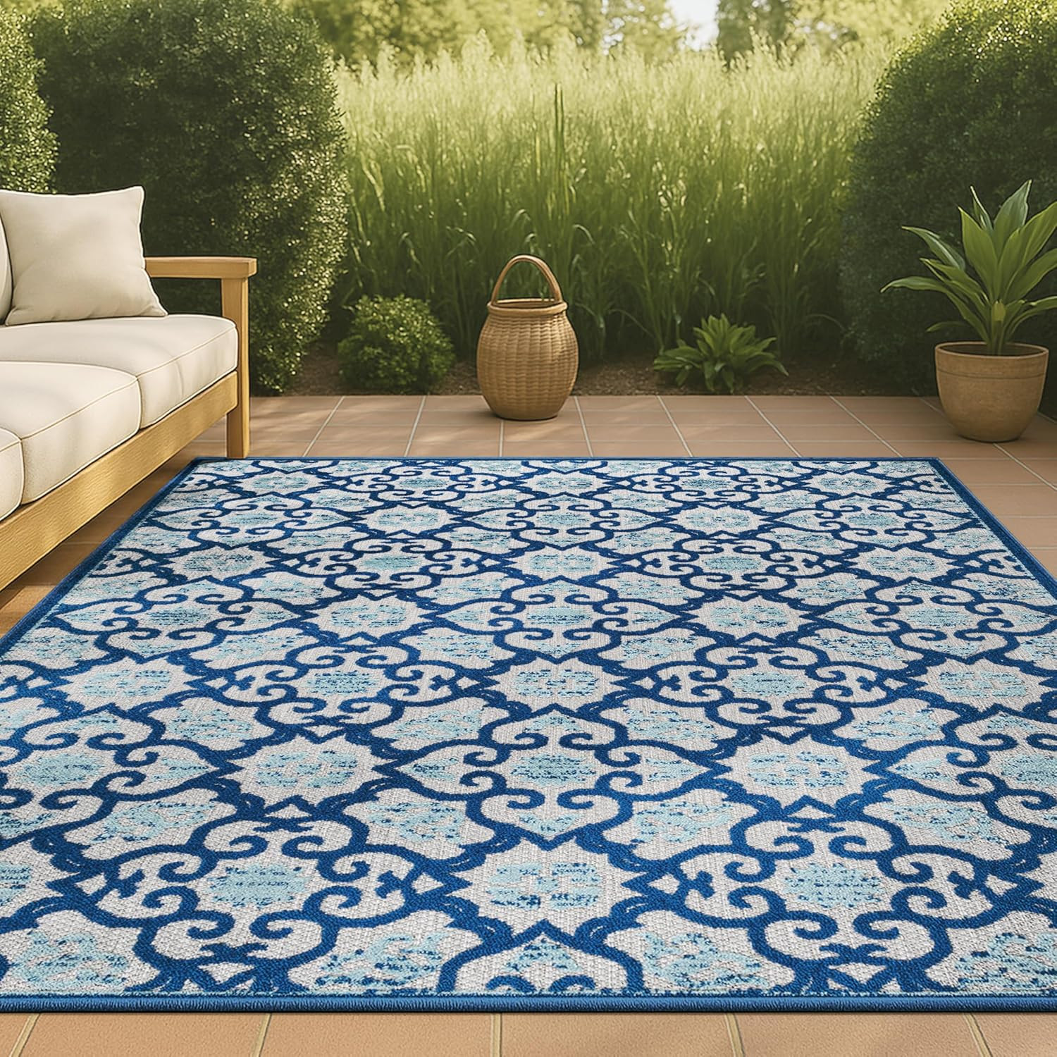 Light Gray/Blue Tile Trellis Area Rug 4×6 – Pet-Friendly, Easy-Clean, High Traff