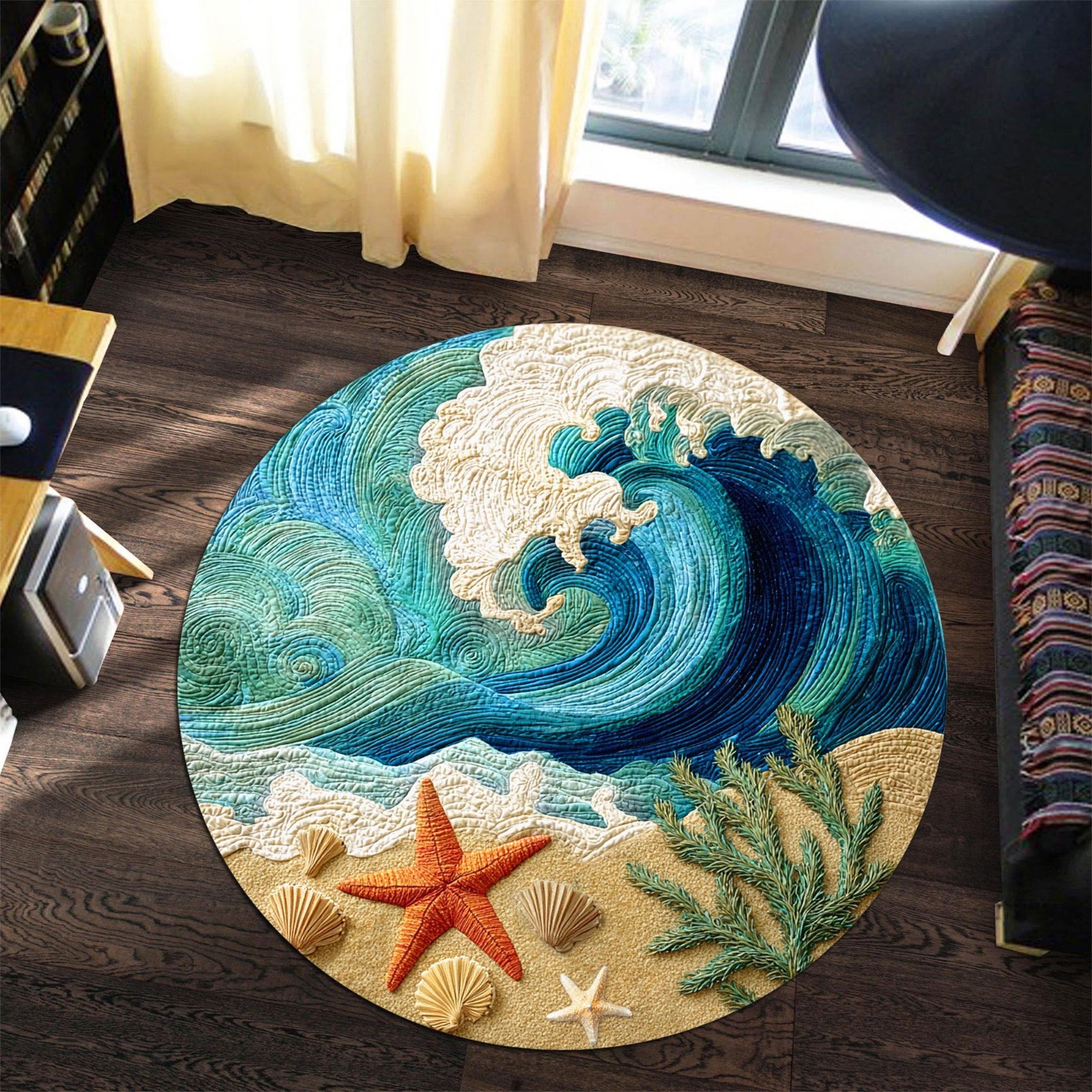 Ocean Wave Round Rug 3D Beach Mat Starfish Nautical Sea Shell Coastal Home Decor
