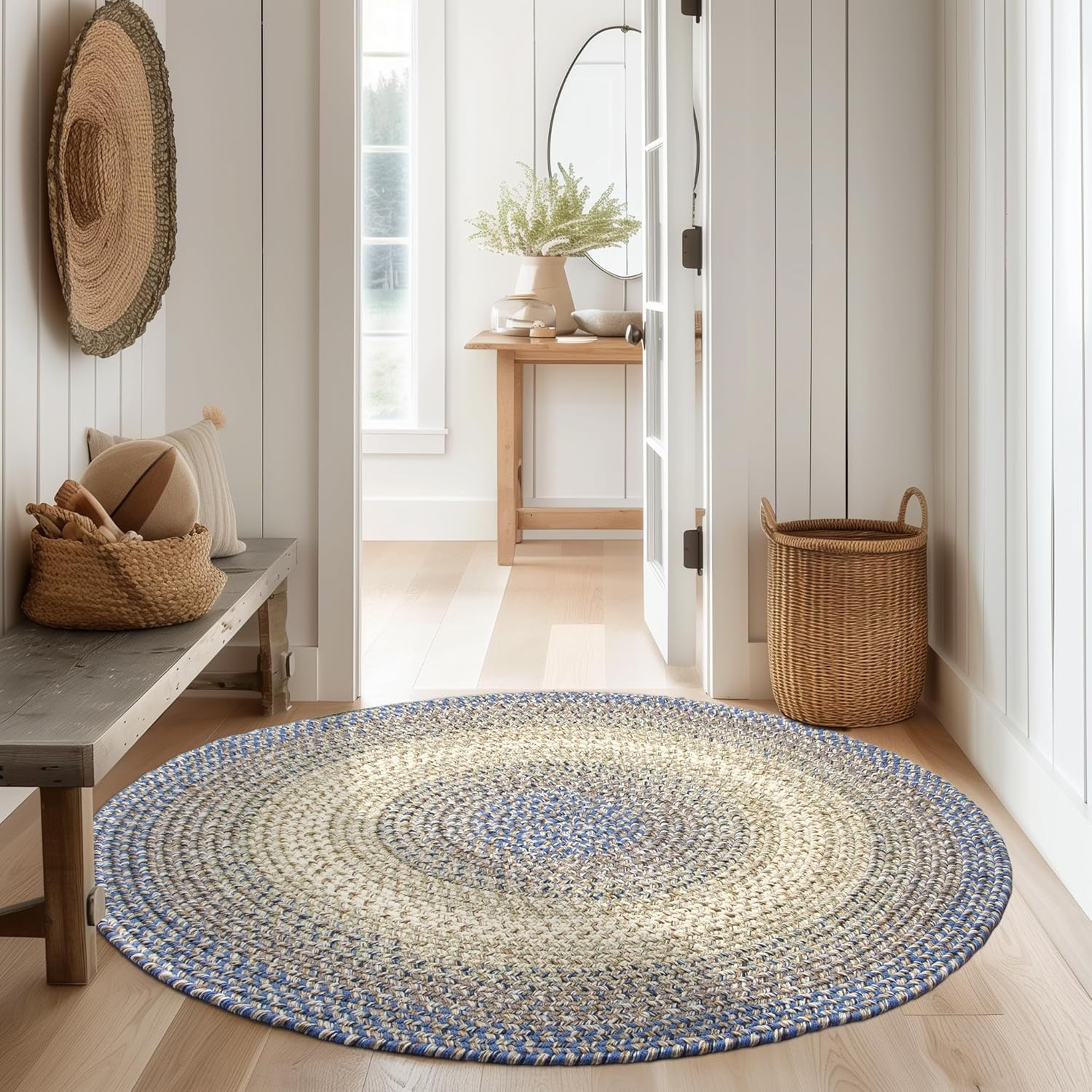 Reversible 4′ Round Braided Rug – Blue/Beige Farmhouse Indoor/Outdoor Rug