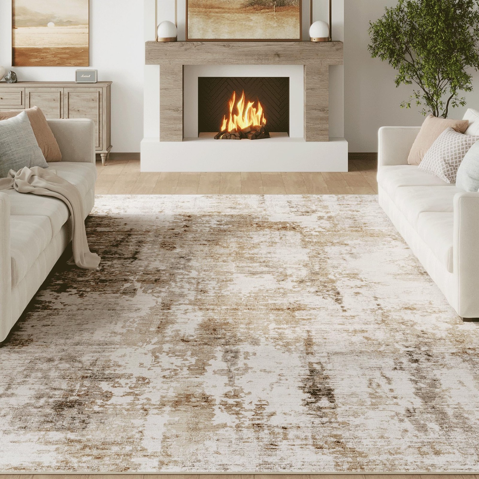 Fmfunctex 8×10 Washable Abstract Area Rug Brown Grey Neutral Modern Large Non…