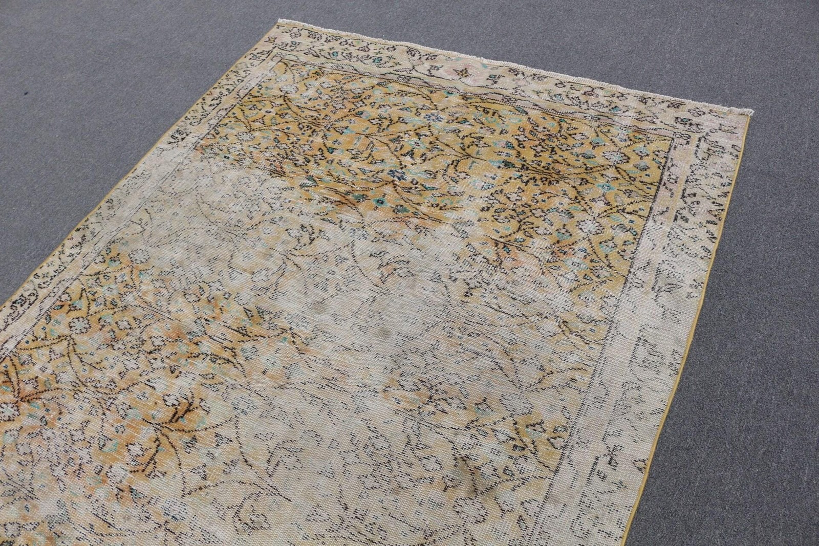 5,2×10,2 ft Rug, Turkish Vintage Rug, Yellow Blue Plants & trees Wool Rug