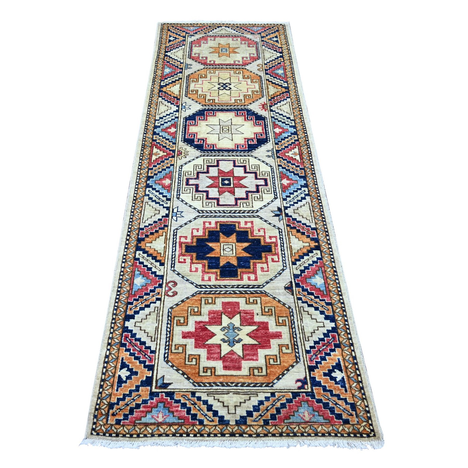 2’8″x7’10” Ivory Afghan Ersari Elephant Feet Design Hand Knotted Wool Runner Rug