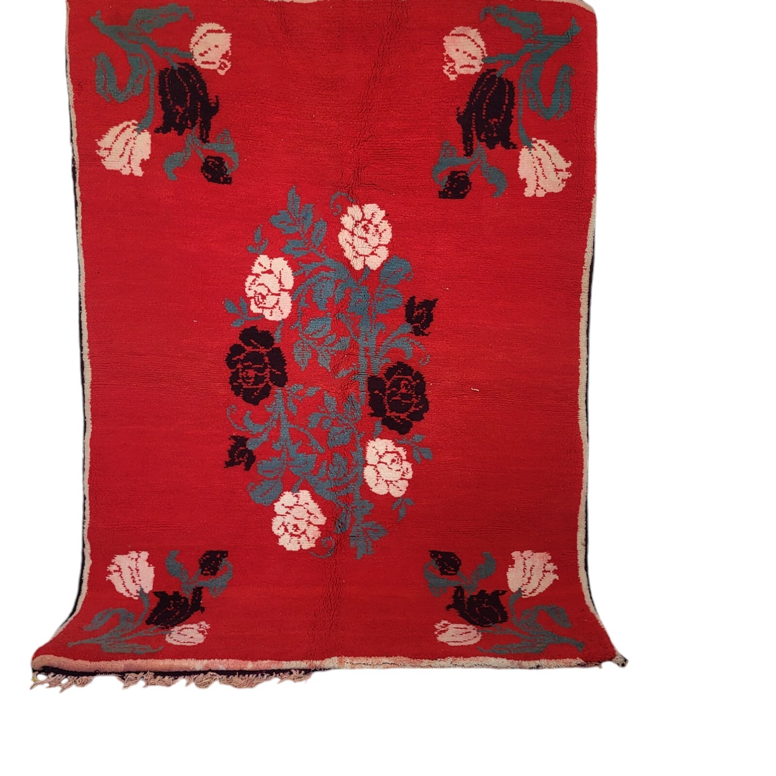 Handmade Moroccan Red Rug Boujad Black White Florals Berber Tribal Wool Carpet