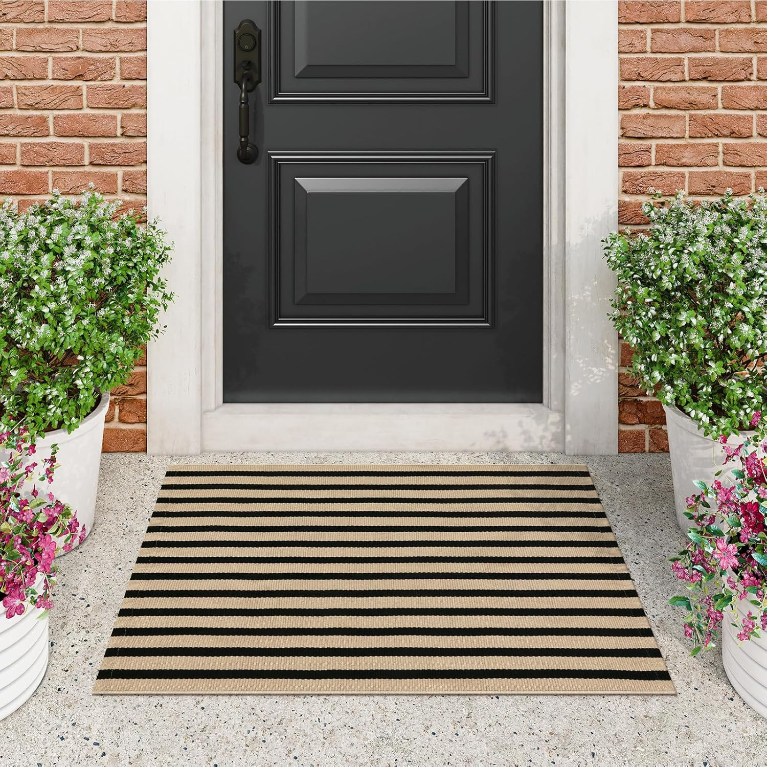Black and Tan Striped Outdoor Rug, 2 x 3 Small Cotton Front Porch Rug Washable F
