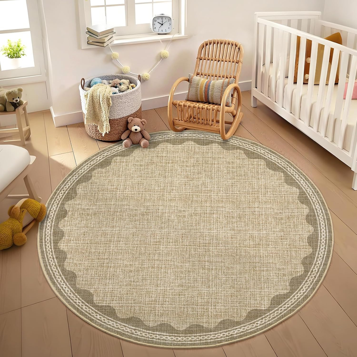 4 Ft Round Scalloped Jute Rug Washable Non-Slip Soft Modern Circle Carpet Tan