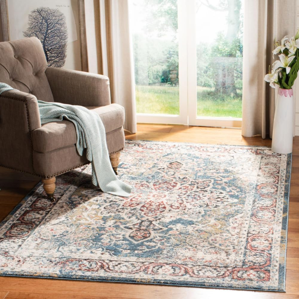 Vintage Turquoise/Ivory Area Rug 6’7″ x 9′ for Living Room & Bedroom