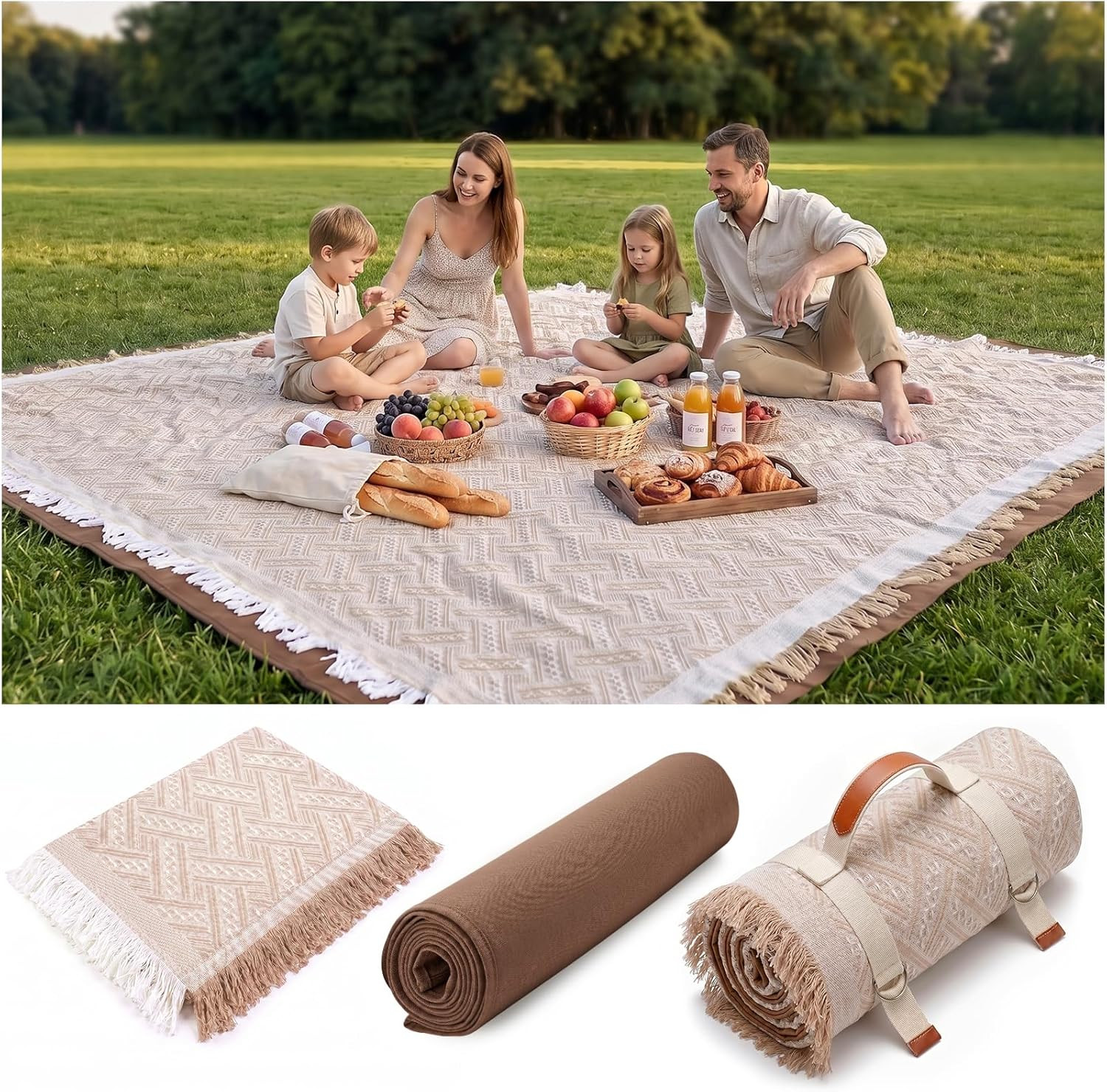 2 in 1 Extra Large Rug Outdoor Picnic Blanket Waterproof Woven Boho Mat Giant Be