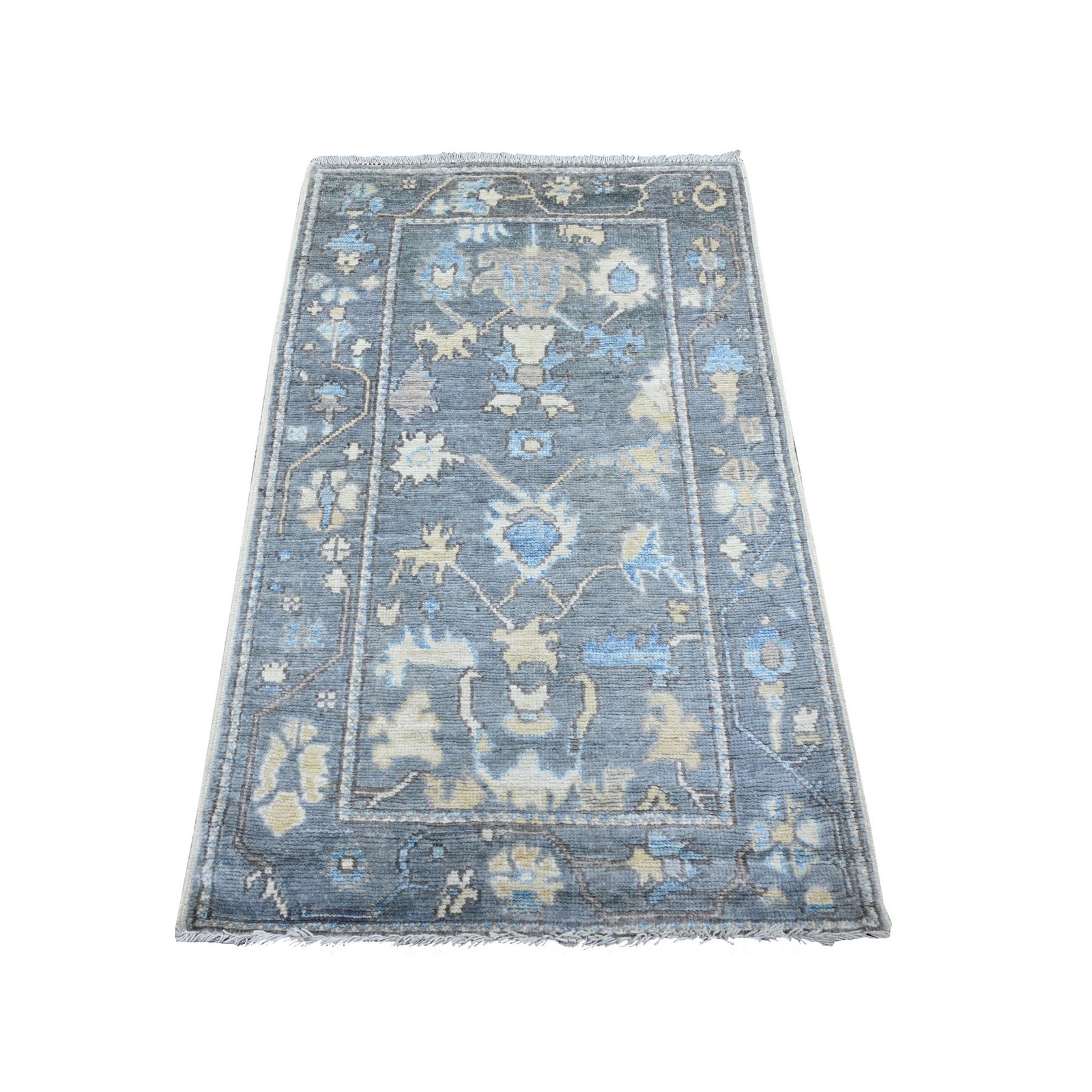 3’x4’9″ Pewter Gray Afghan Angora Oushak Leaf Design Hand Knotted Wool Rug 22756
