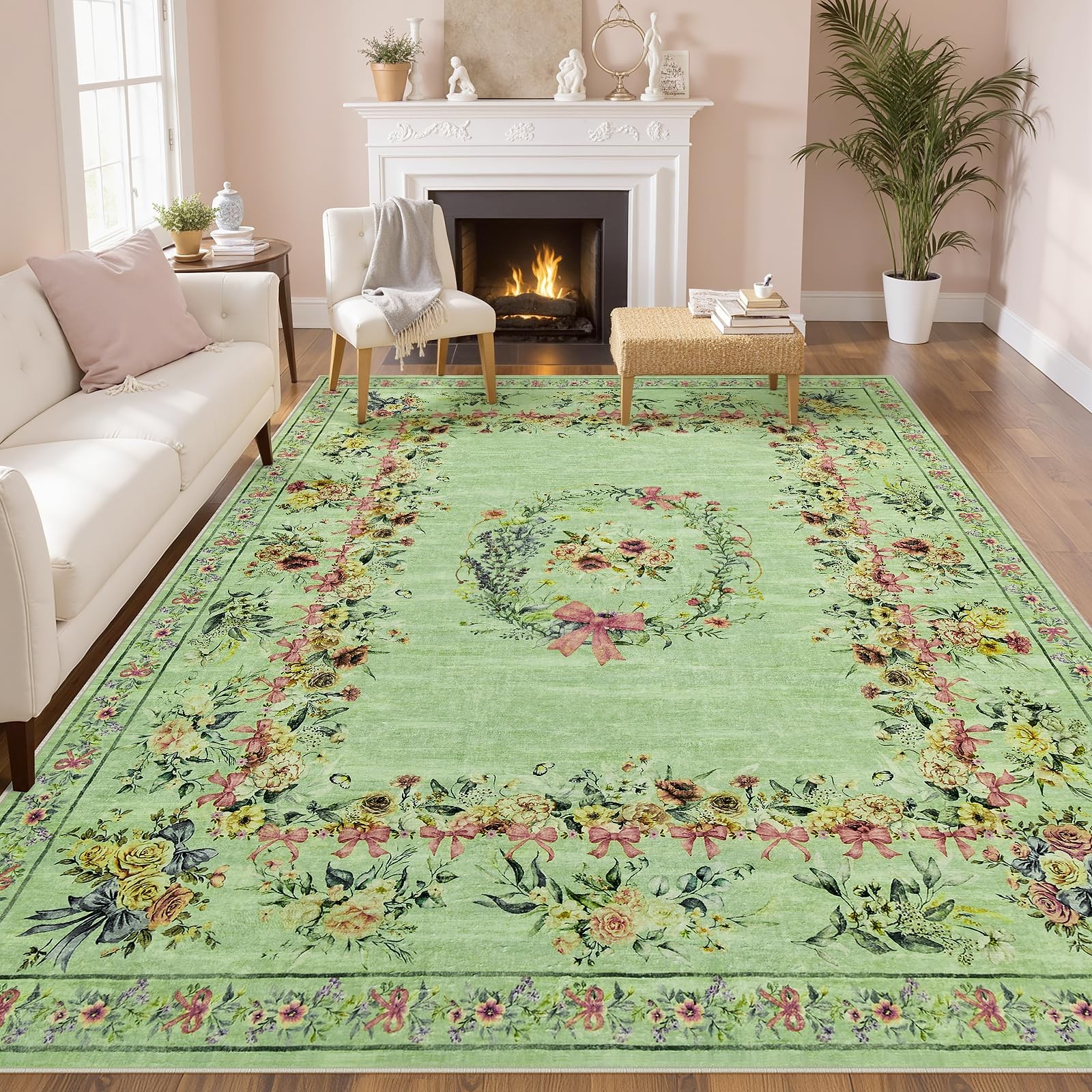 Joydeco Bow Floral 9×12 Rugs for Bedroom Living Room, Large Sage Green Washab…