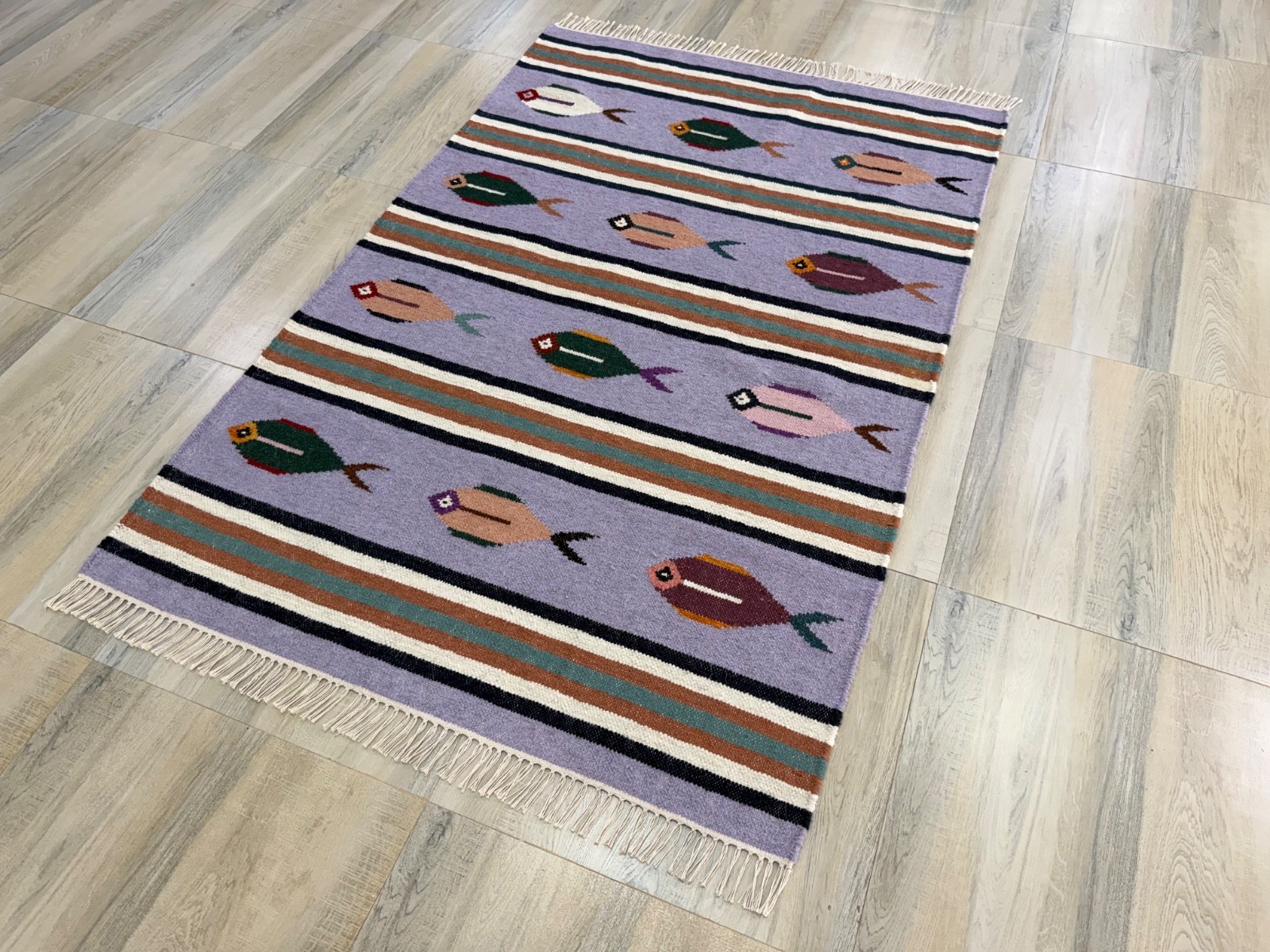 Hand Woven Wool Rug 4×6 Lavender Flatweave Scandinavian Folk Art Kilim for Kids
