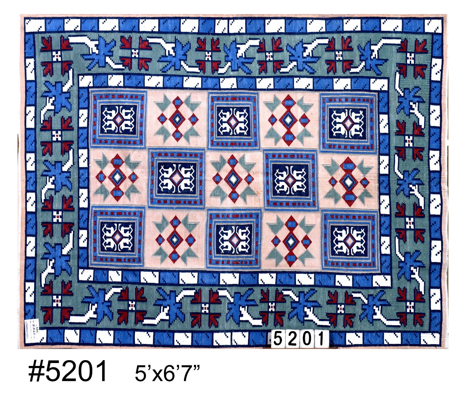 Handwoven Cotton Rug 5′ x 6’7″ Blue Tribal Geometric Dhurrie 5201