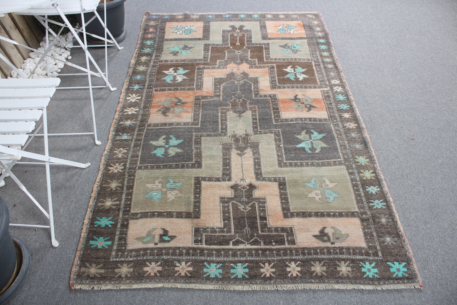 Turkish Vintage Rug, 4,2×7 ft Area Rug, Brown Blue Oriental Rug