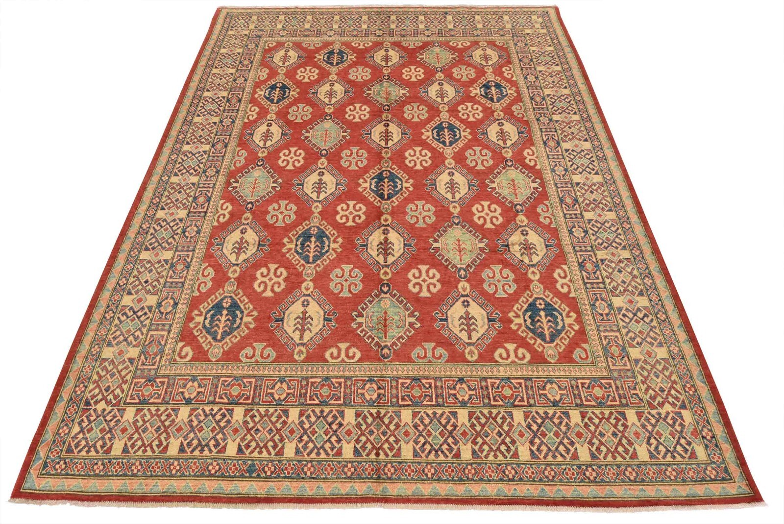 Geometric Kazak Carpet 8’9” x 11’4” Red Wool Tribal Hand-Knotted Oriental Rug