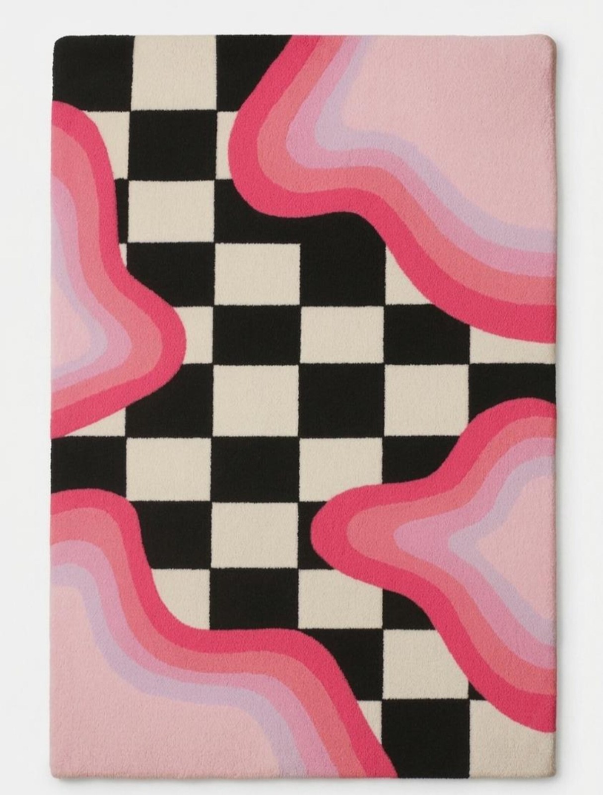 Funky Checkerboard Wavy Rug Pink Black White Swirl Abstract 6×9 8×10 Area Carpet
