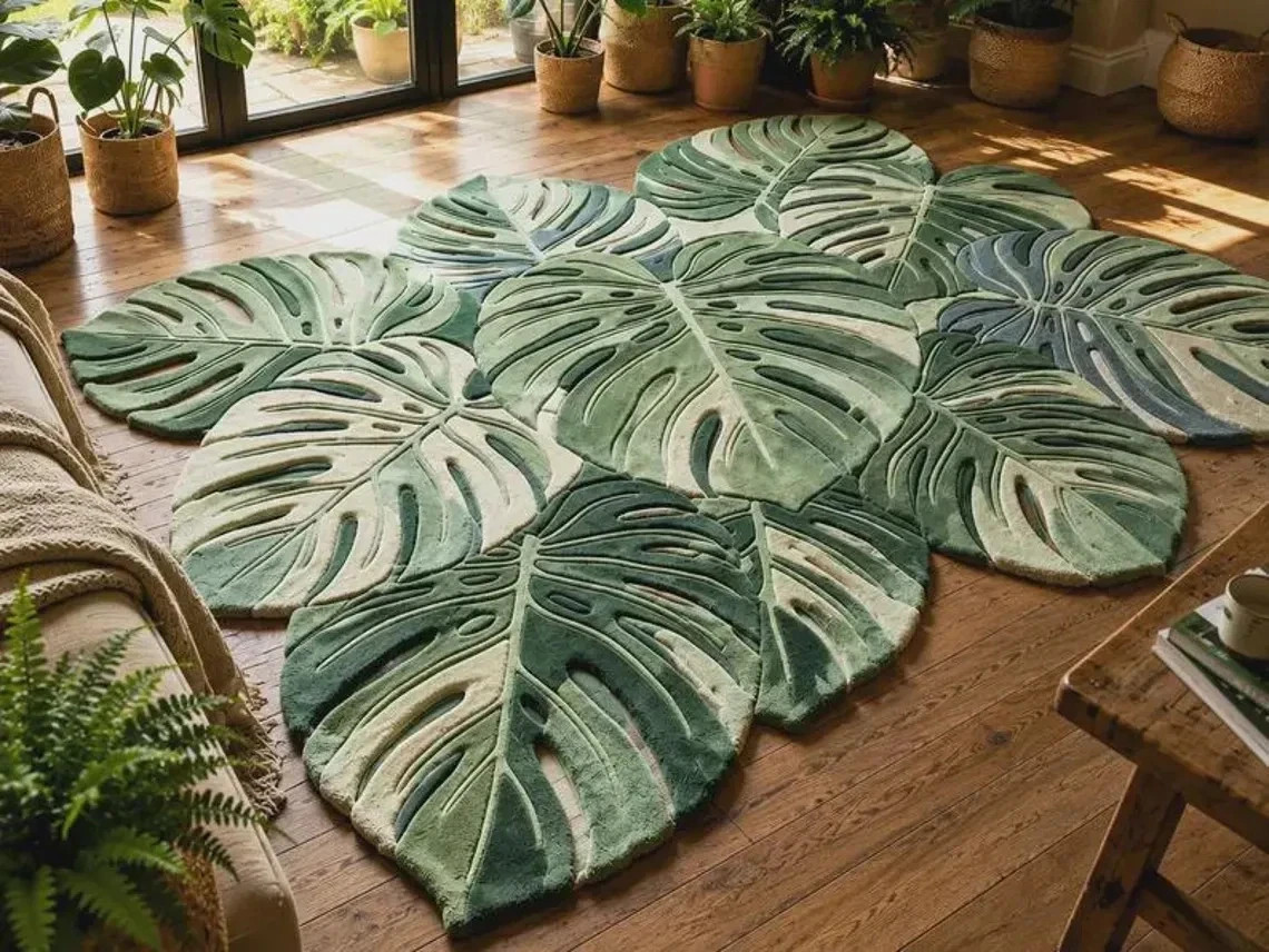 Hand-Tufted Wool Monstera Leaf Rug, Green Botanical Living Room Area Rug Carpet