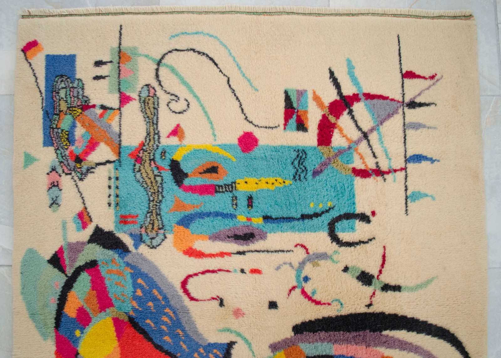 Kandinsky Style Abstract Rug | Vintage Hand-Knotted Wool Art Carpet 3’7″ x 5’0″