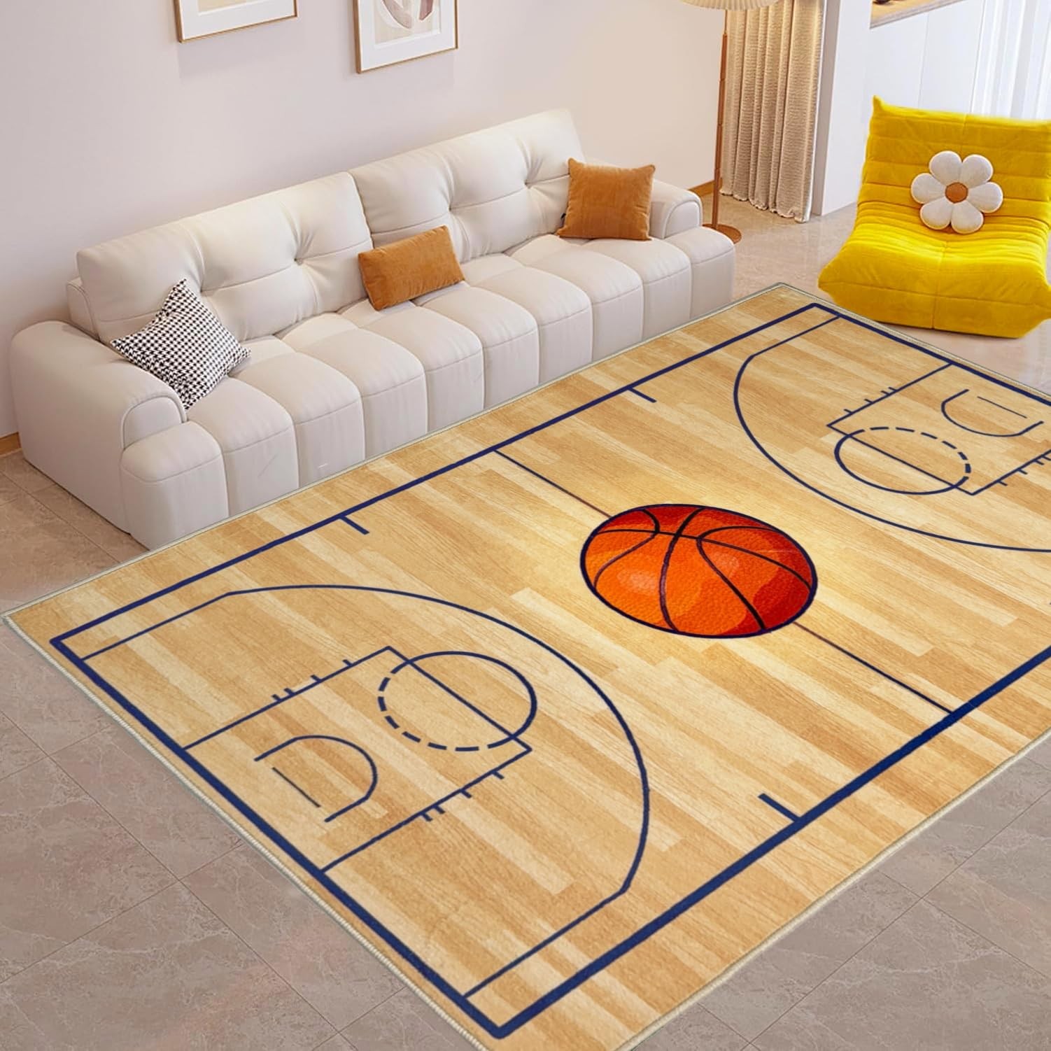 Basketball Area Rug 5×7 Ft Washable Low Pile Non Slip Sports Bedroom Carpet