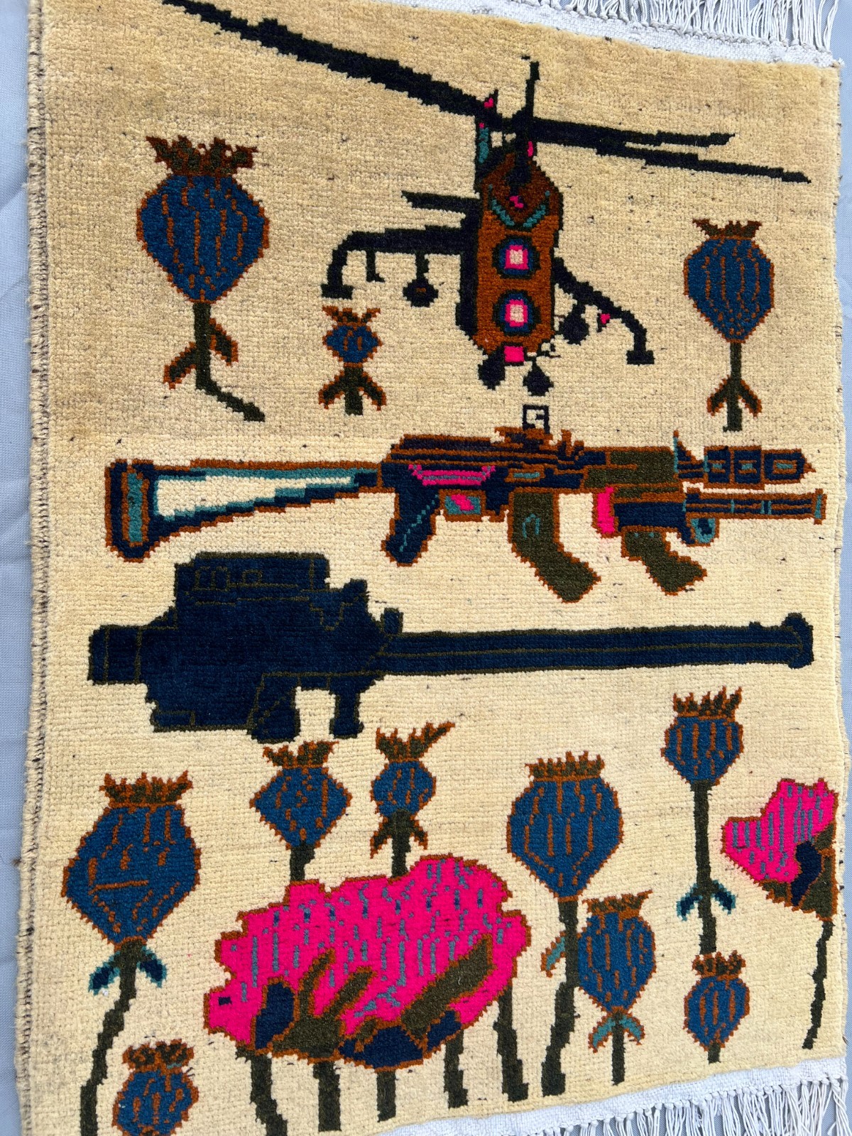 1’11 x 2’8 Ft Vintage Afghan War Rug – Helicopter Rifle Pictorial Design Wool