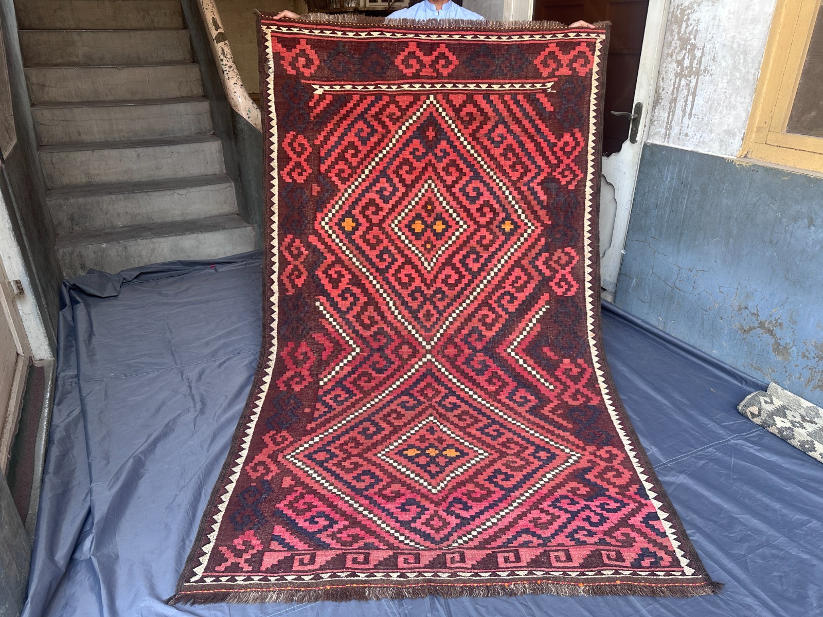 Burgundy Afghan 5.1×8.8ft Handmade Tribal Flatweave Kilim Rug Geometric Area rug