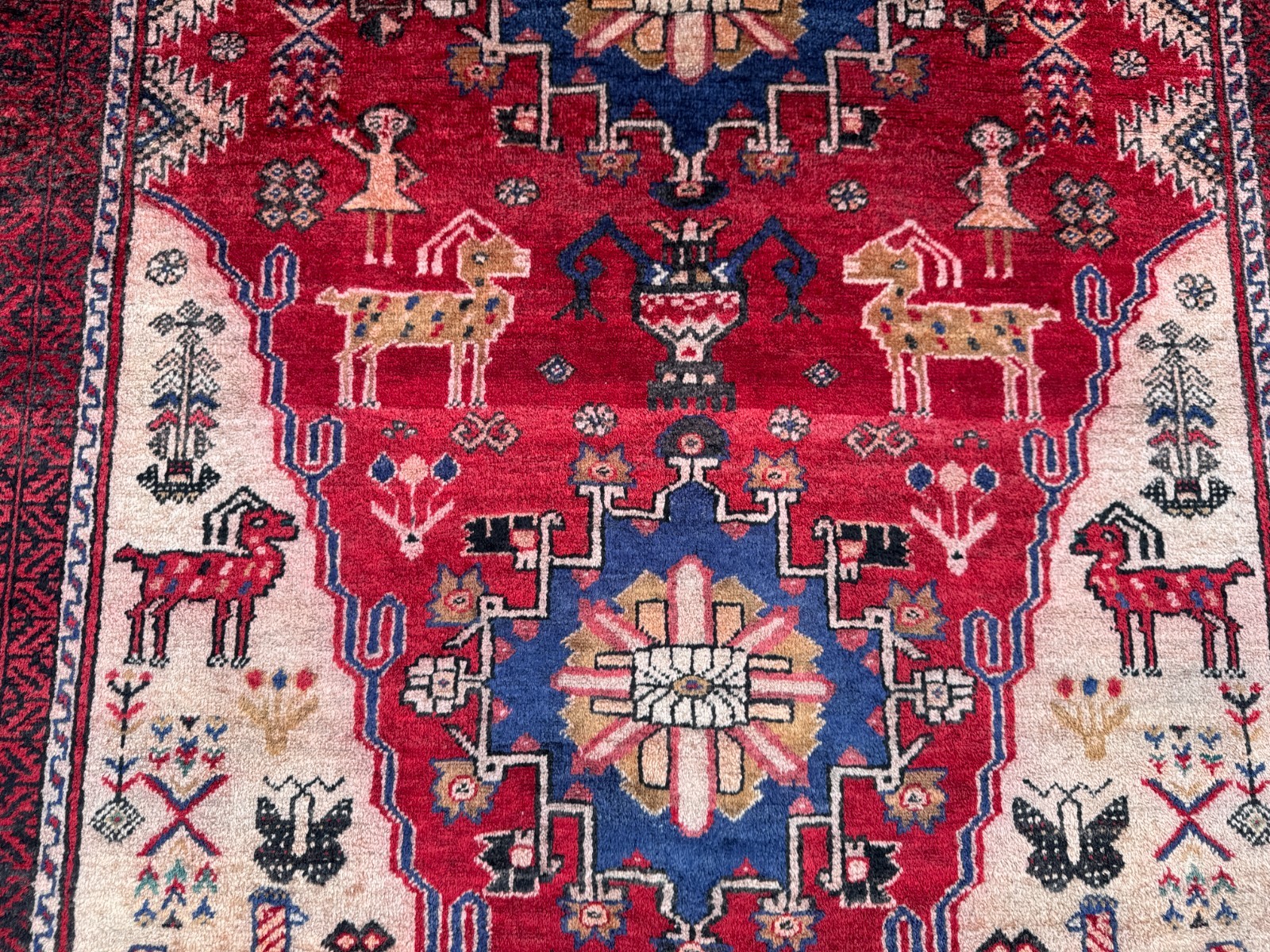 4×8 Handmade Afghan Turkoman Pictorial Rug Animal Motif Wool Carpet Vintage