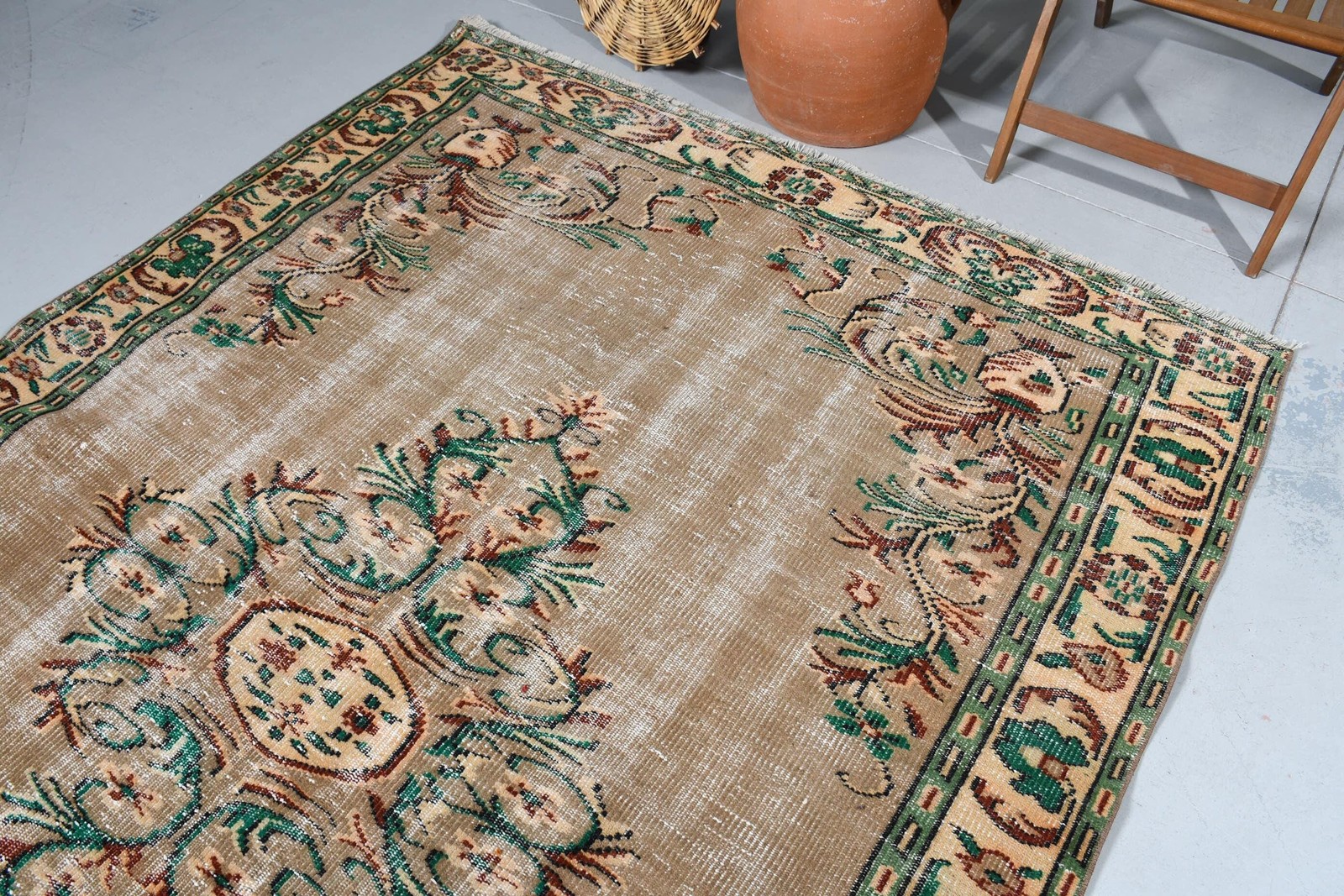Turkish Vintage Rug, 6,2×9 ft Rug, Brown Green Bordered Wool Rug