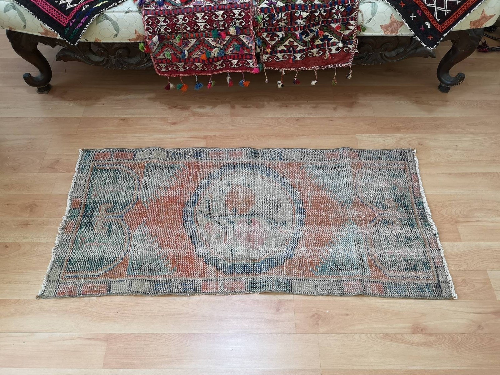 Orange Turkish Vintage Rug, Small Bedroom Rug (1.9 x 4.1 ft)